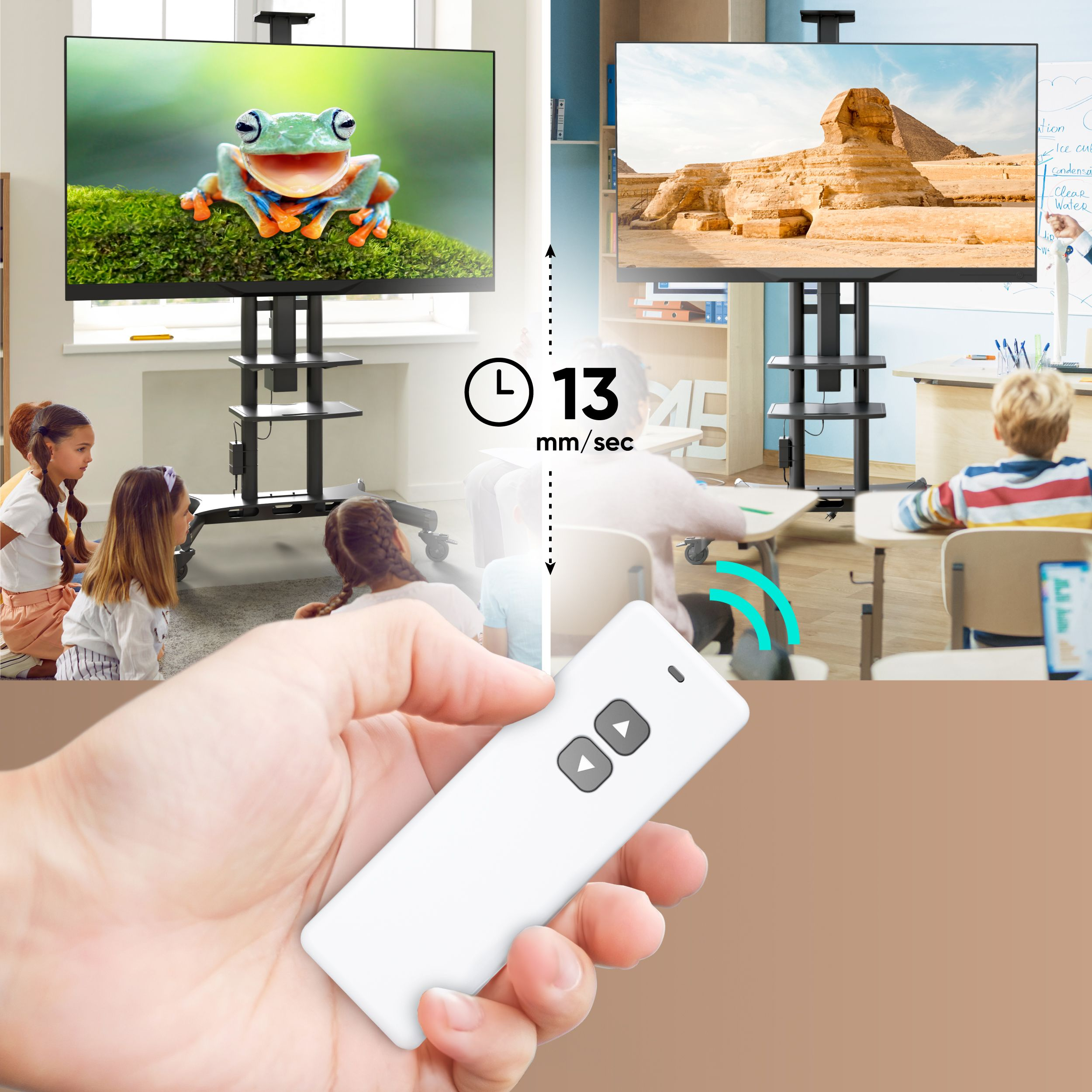 Osoba obsługująca pilota z dwoma telewizorami, jeden ze zdjęciem żaby, drugi z piramidą.