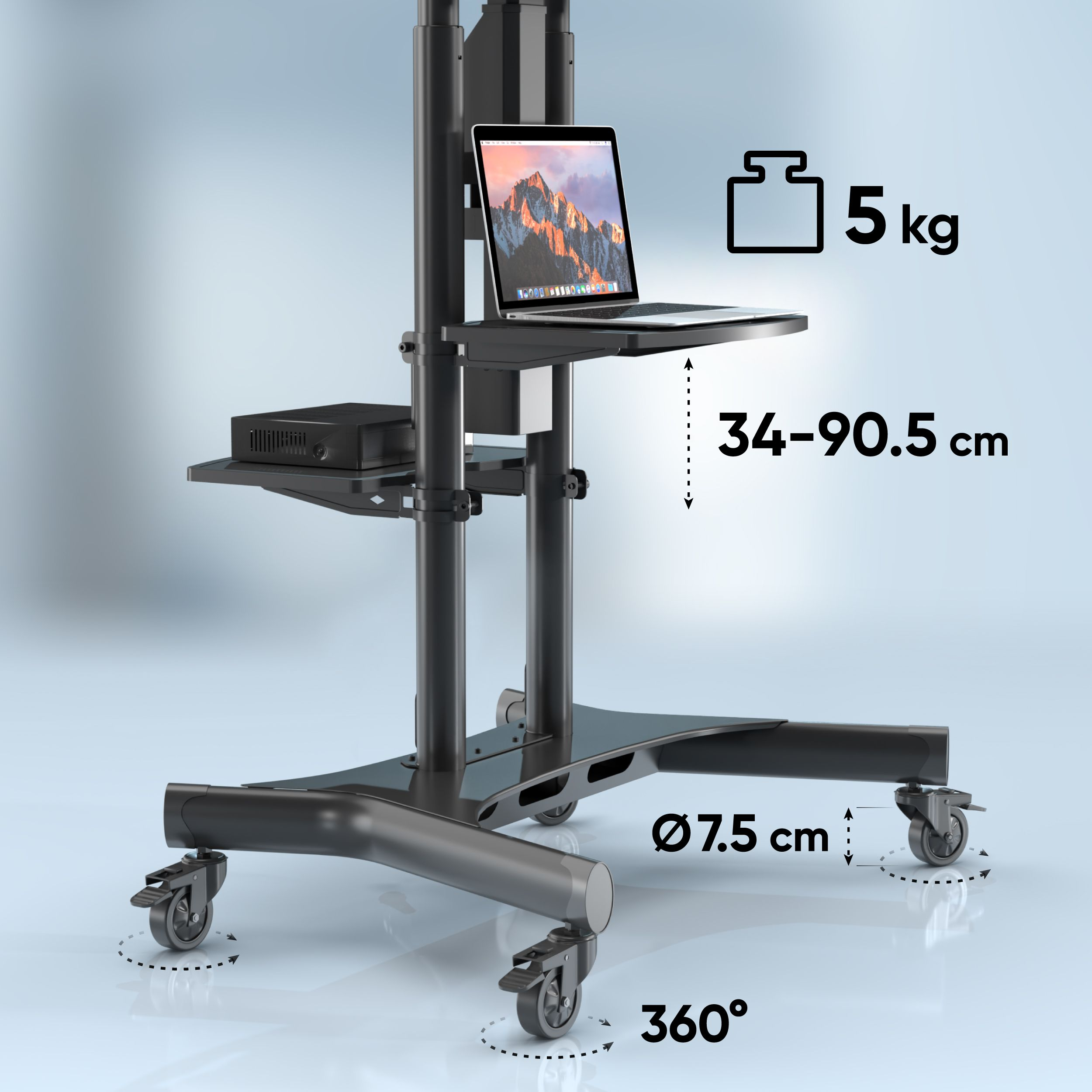Stojak pod telewizor z laptopem na górze i różnymi przedmiotami. Ma kółka dla mobilności.