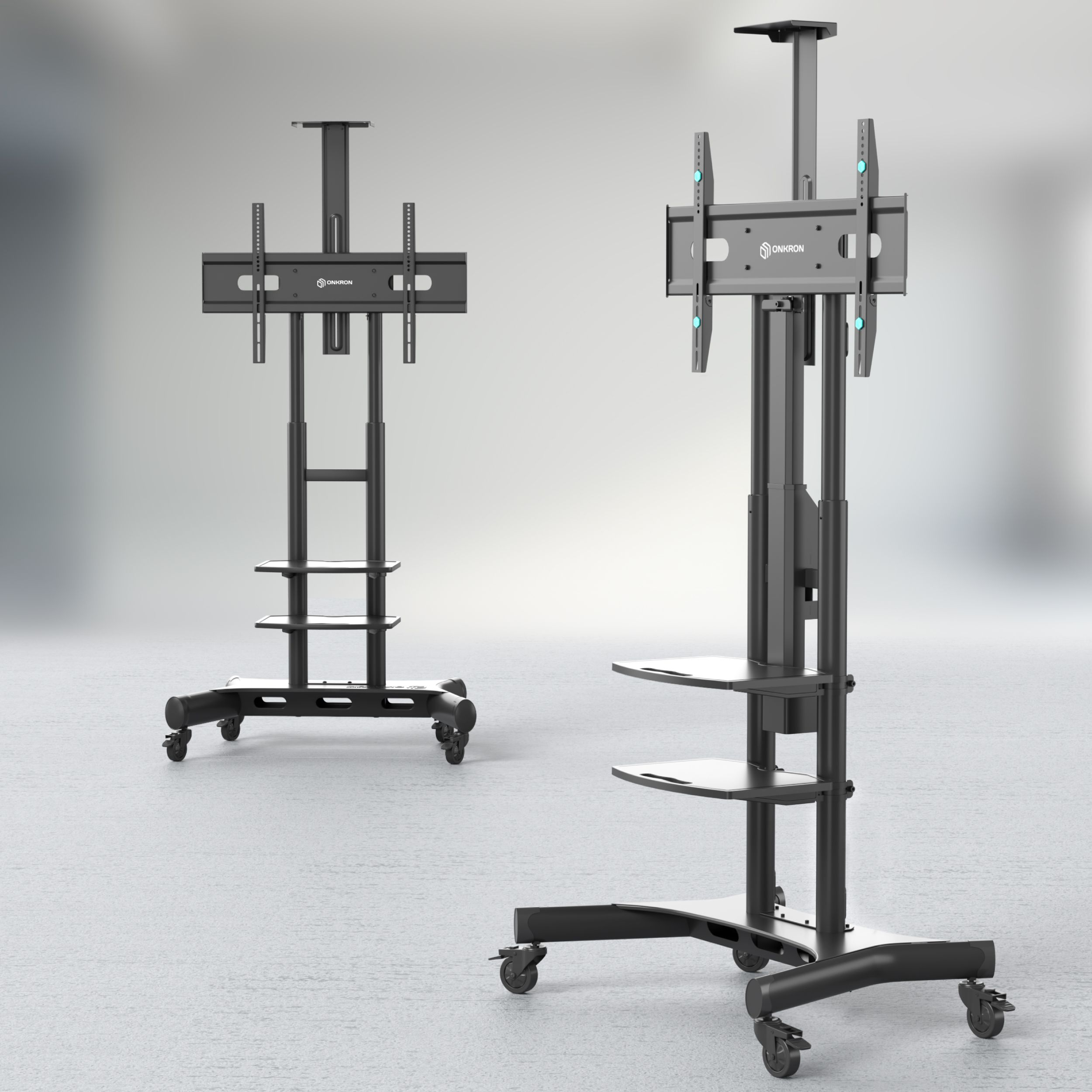 Dwa czarne stojaki pod telewizor obok siebie, pokazujące ich design, z jasnym tłem.