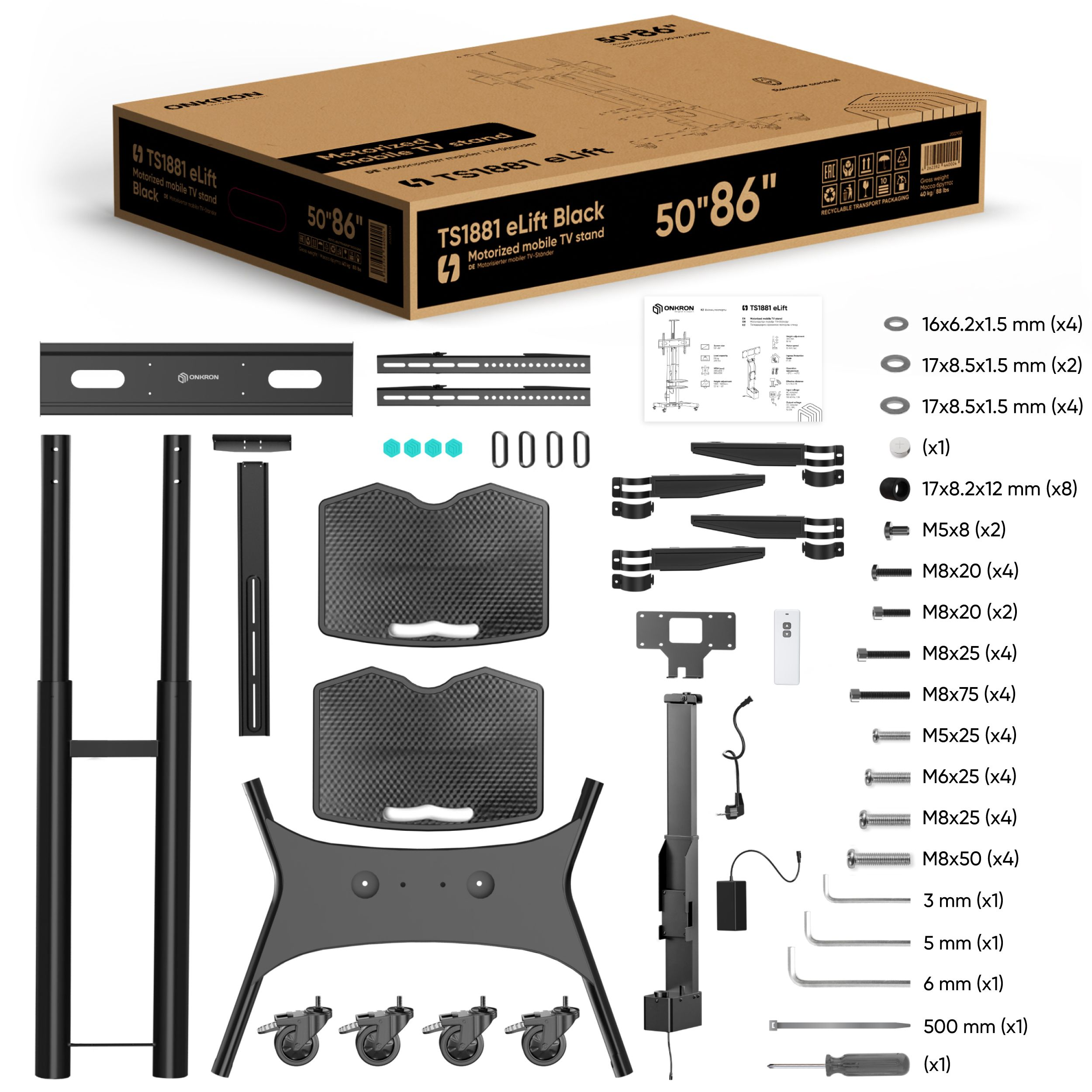 Pudełko z komponentami stojaka pod telewizor, w tym stojak, pilot i śruby.