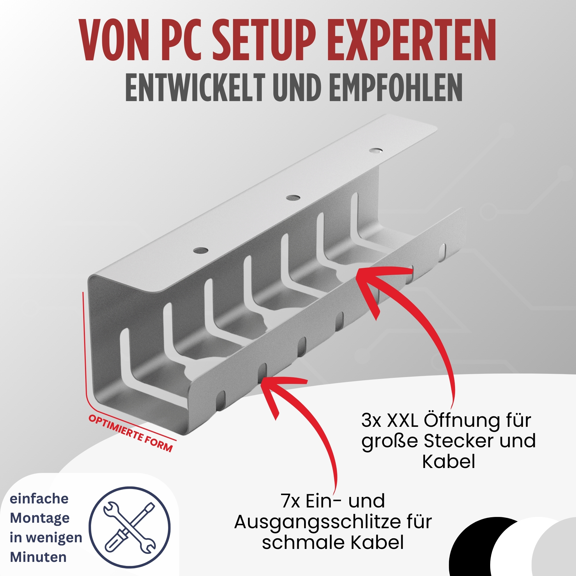 Ein silberner Kabelorganisator mit Pfeilen, die auf Öffnungen zeigen. Text sagt 'Optimierte Form' und 'einfache Installation'.