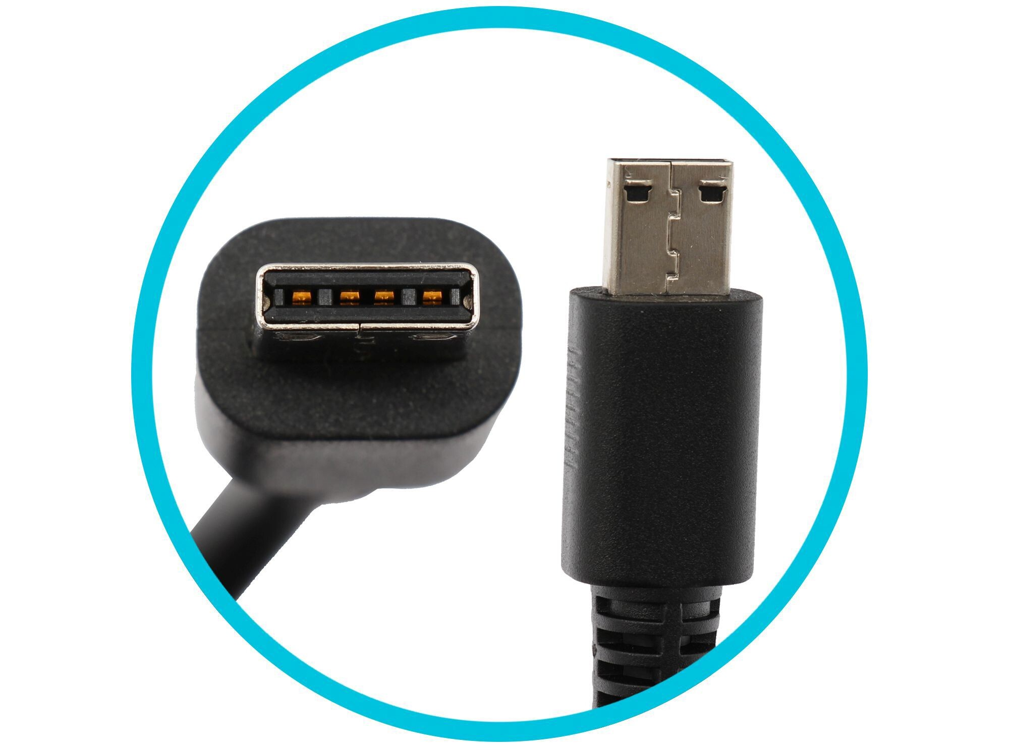 Nahaufnahme von USB und einem anderen Stecker. Ein schwarzes Kabel liegt in der Mitte auf weißem Hintergrund.
