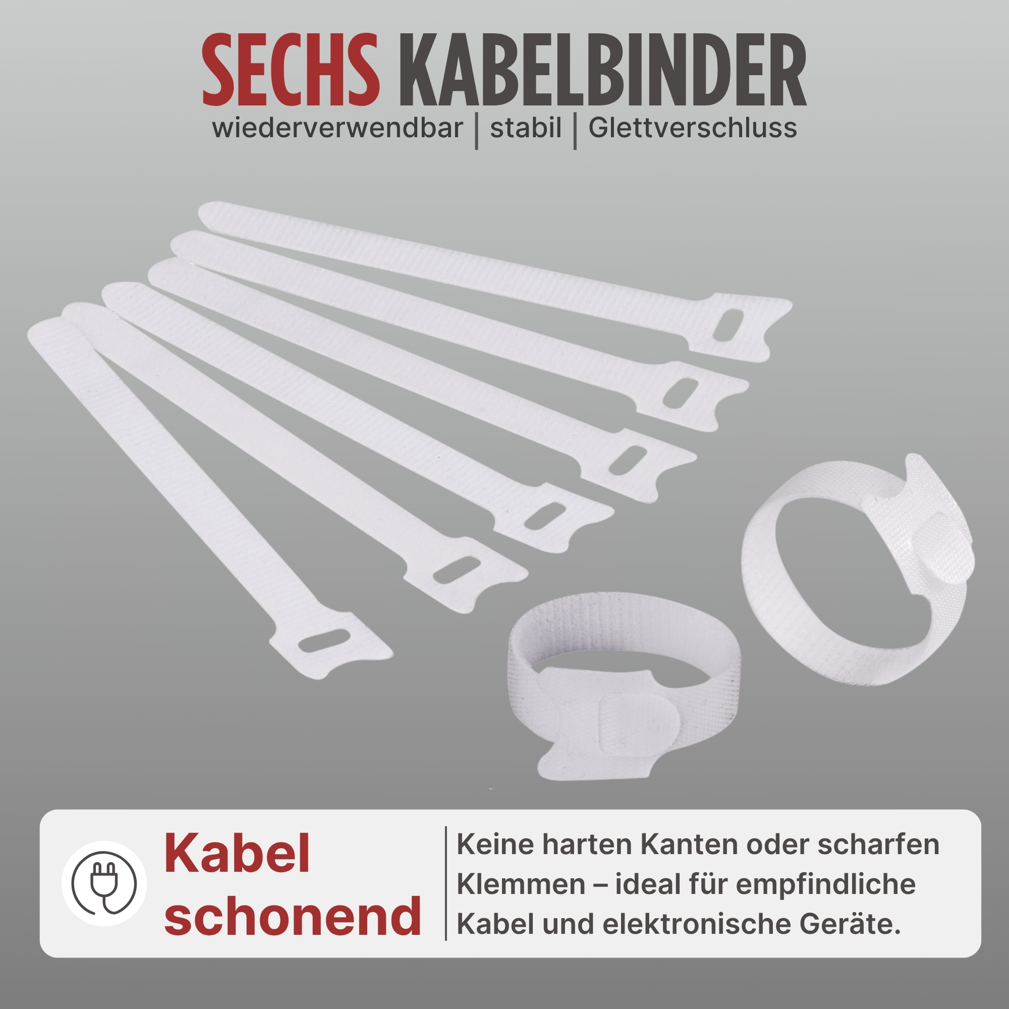 Mehrere weiße, wiederverwendbare Kabelbinder. Sie dienen zum Aufräumen von Kabeln und elektronischen Geräten.