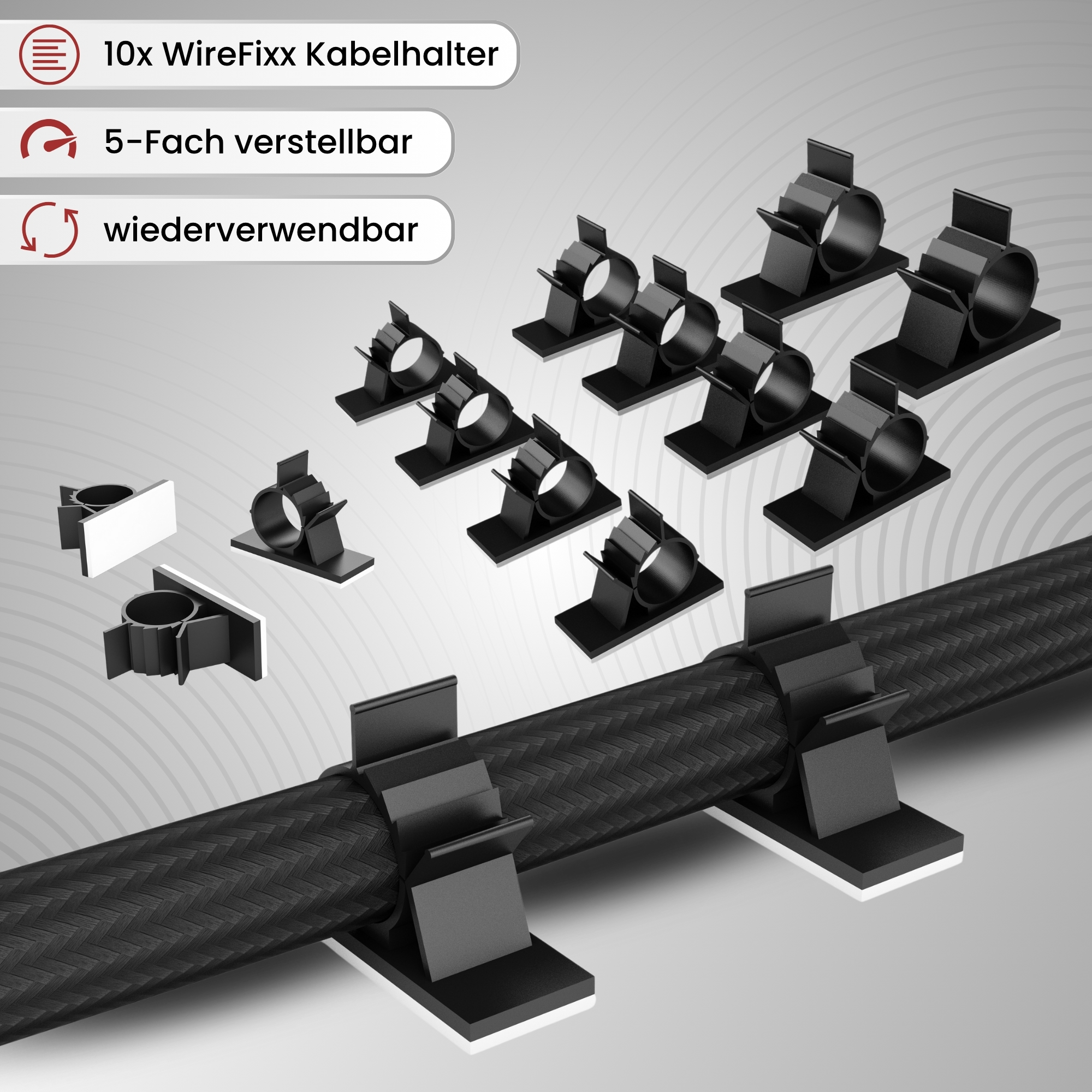 Ein Satz schwarzer Kabelclips, die an einem schwarzen Kabel befestigt sind. Text sagt 'WireFixx Kabelhalter'.