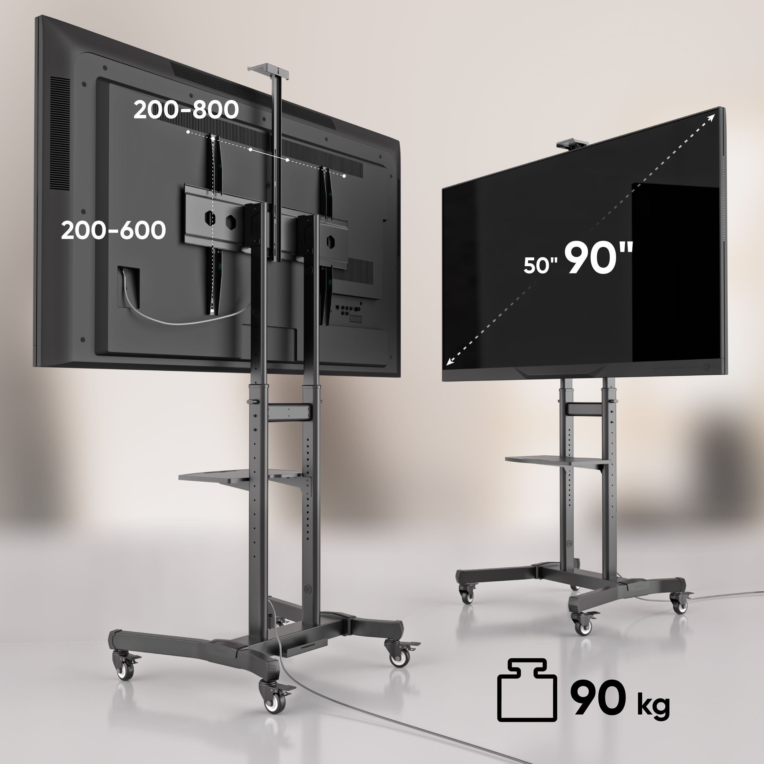 Dwa ekrany na mobilnych stojakach. Jeden pokazuje tył z wymiarami. Drugi wyświetla ekran z etykietą 90".