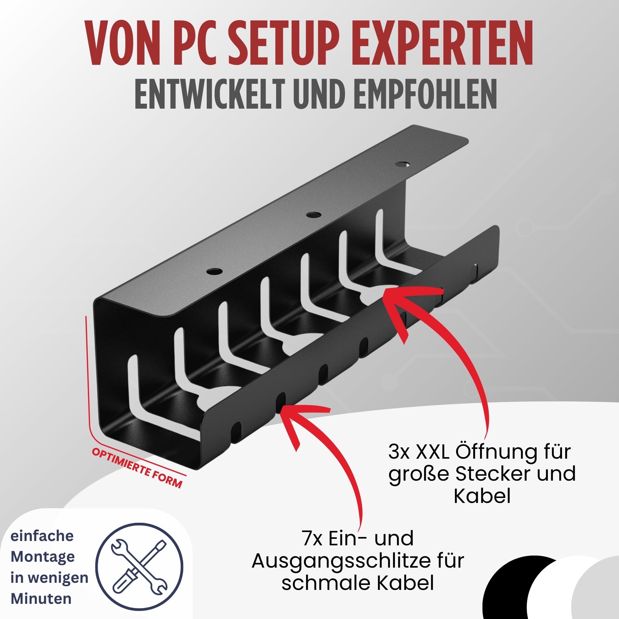 Schwarze Kabelmanagement-Ablage mit Pfeilen und Text. Sie ist für die Kabelorganisation konzipiert, mit mehreren Öffnungen.