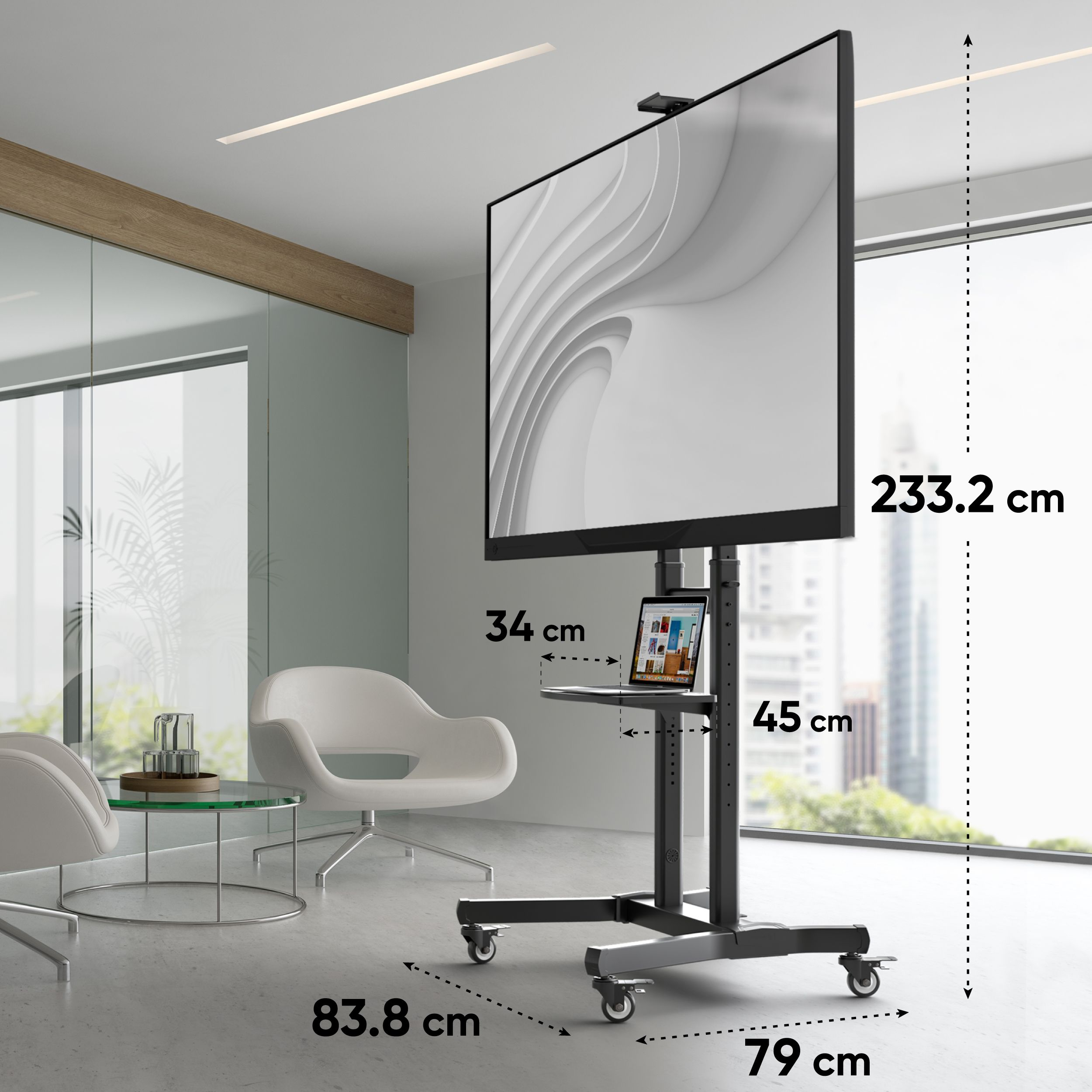 Duży ekran na stojaku na kółkach, oznaczone wymiary, z laptopem i białym tłem.