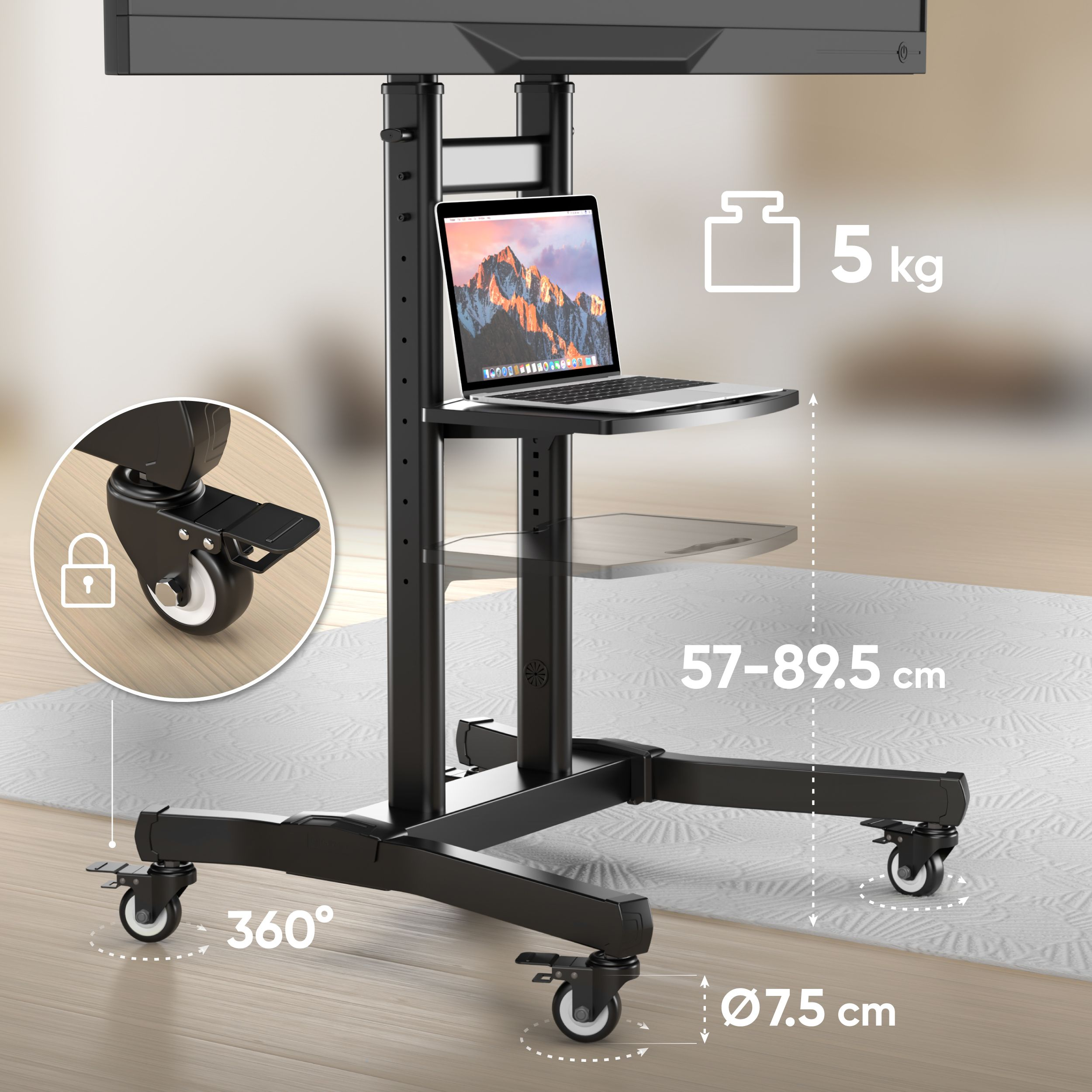 Stojak na kółkach z laptopem, ekranem, półką, wymiarami i ikoną kłódki.
