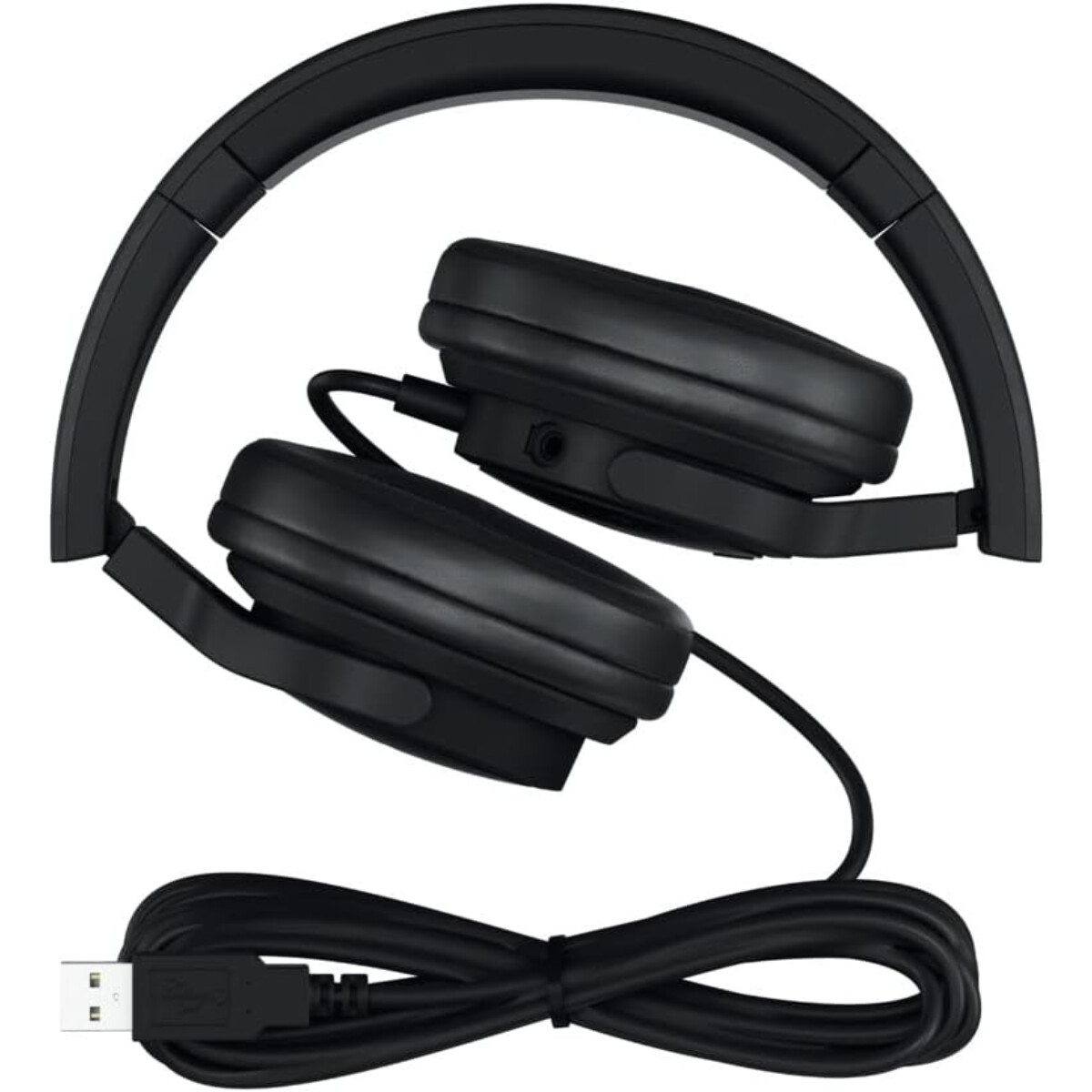 Schwarze Kopfhörer mit USB-Kabel, von oben gesehen, mit geöffneten Ohrmuscheln.