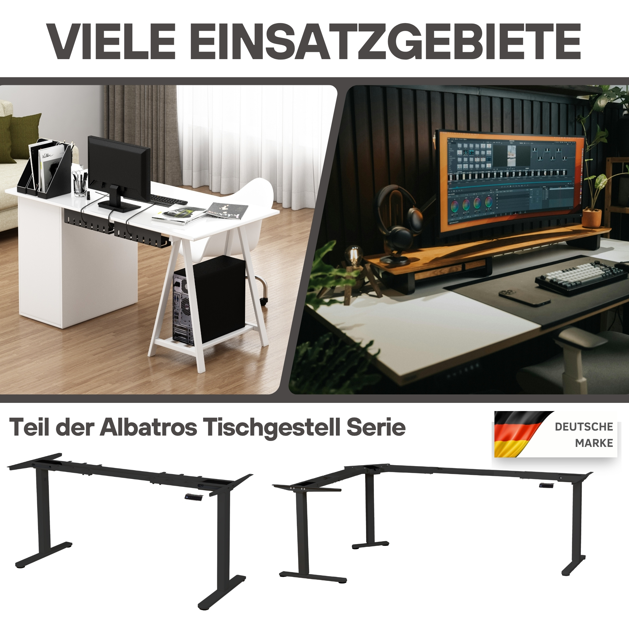 Ein geteiltes Bild, das ein modernes Büro und einen zeitgenössischen Arbeitsplatz zeigt. Schreibtische, Computer und Zubehör.