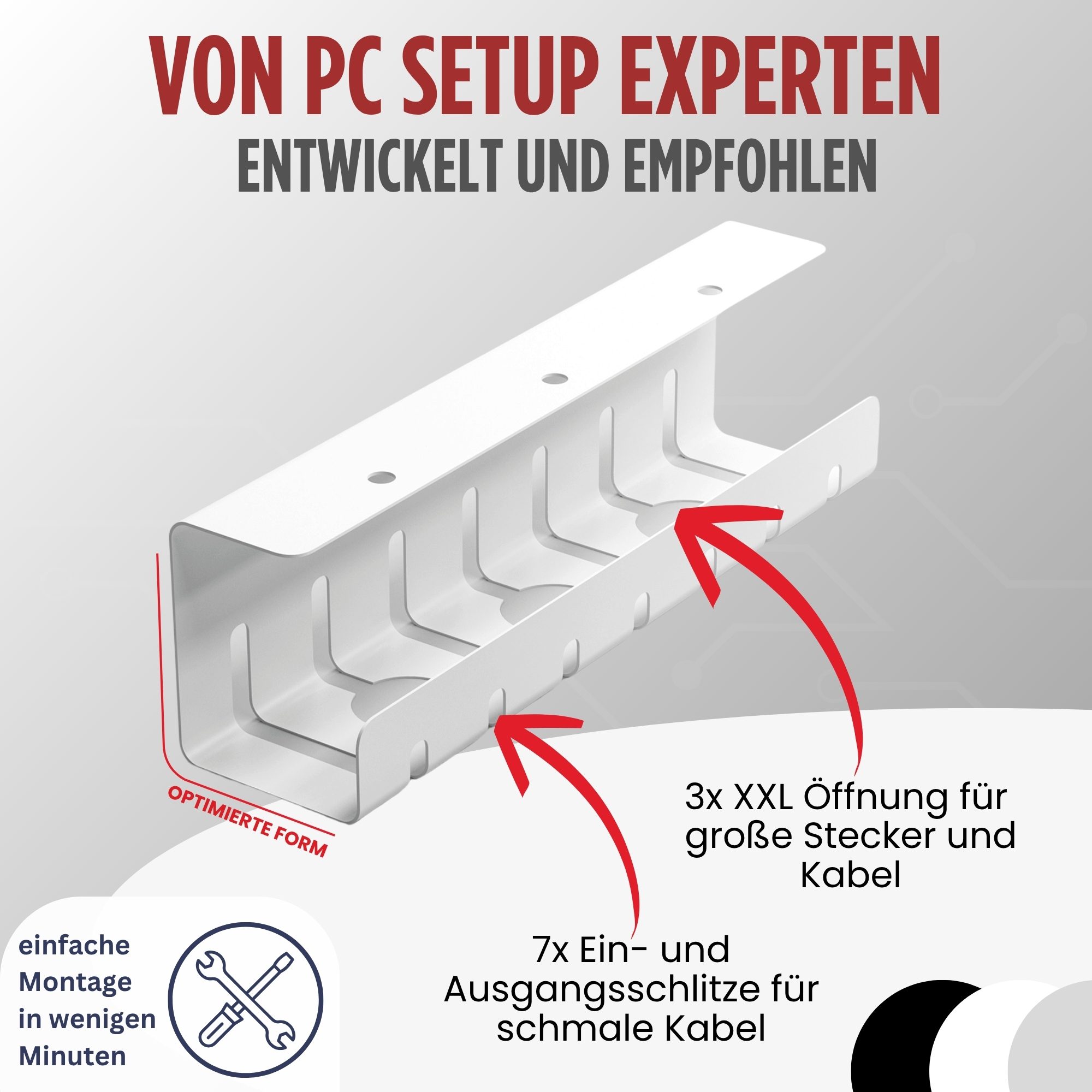 Weißer Kabelorganizer mit roten Pfeilen, zeigt XXL-Öffnungen und Schlitze.