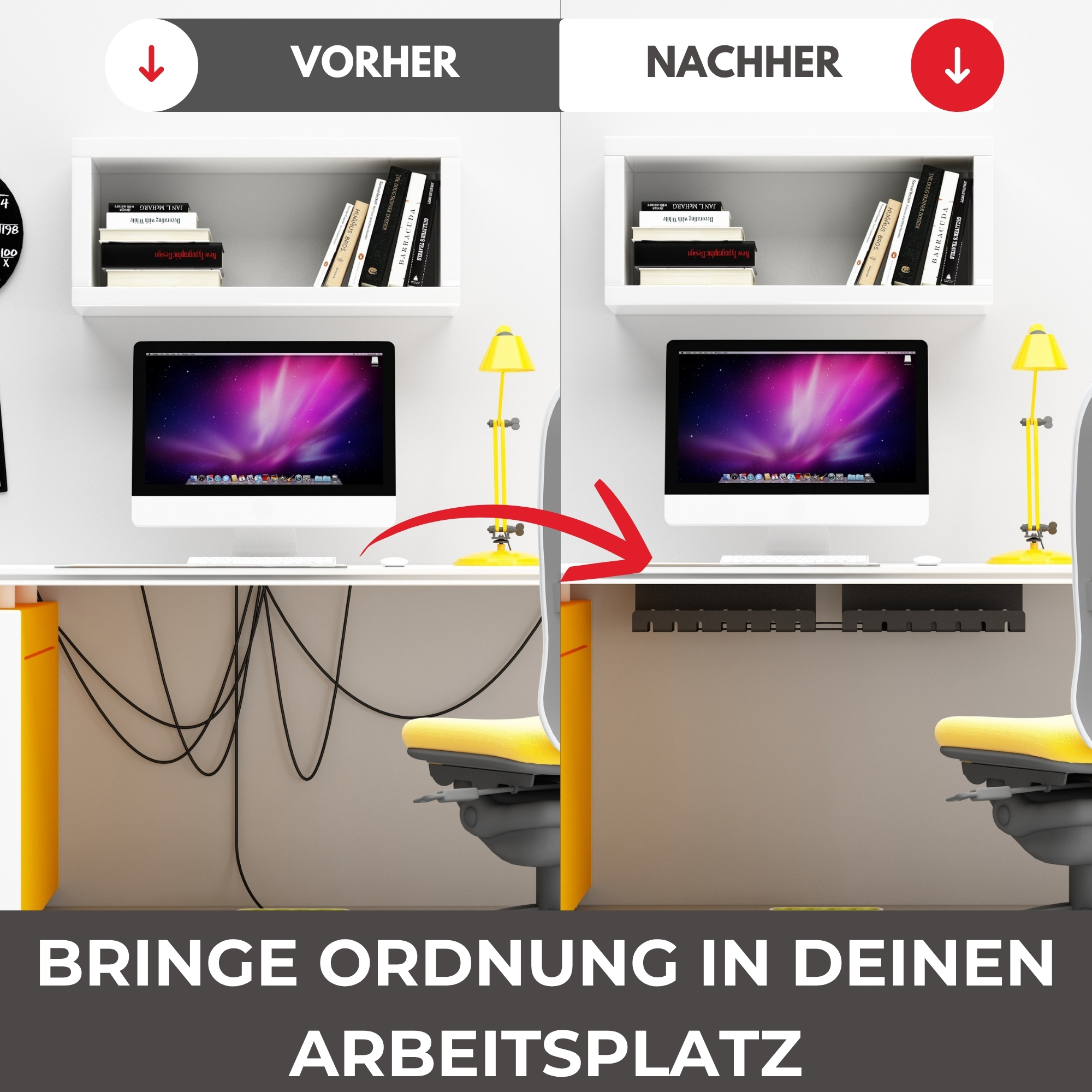 Schreibtisch-Setup vor und nach der Kabelorganisation. Kabel vorher sichtbar, danach organisiert.