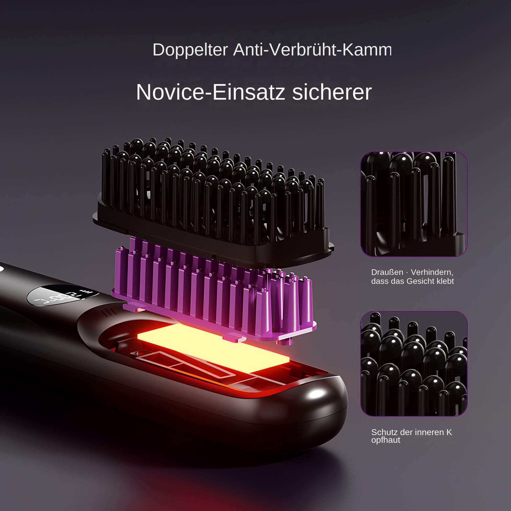 Eine zerlegte Haarglättungsbürste mit lila und schwarzen Komponenten, die Sicherheitsmerkmale und Heizelemente hervorhebt.
