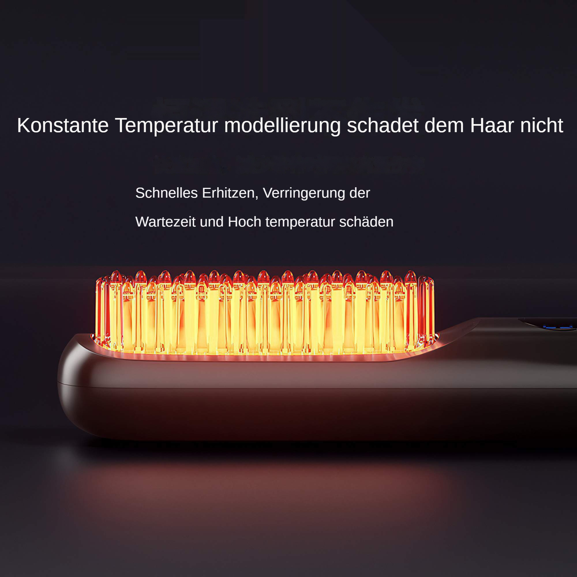Eine Haarglättbürste mit glühenden Heizelementen. Sie befindet sich auf dunklem Hintergrund.