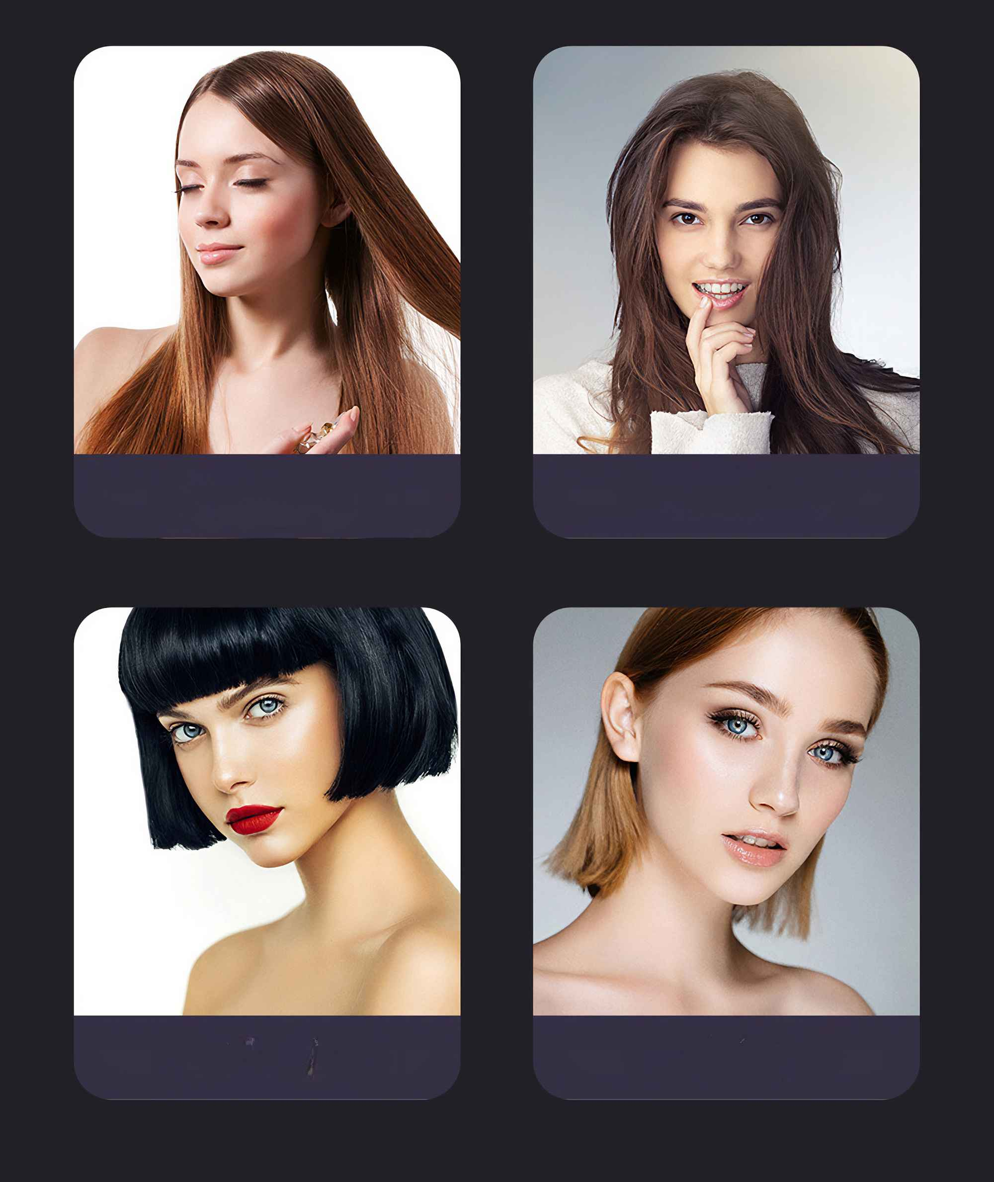 Vier Frauen, jede in einem quadratischen Rahmen. Sie haben unterschiedliche Frisuren und Ausdrücke.