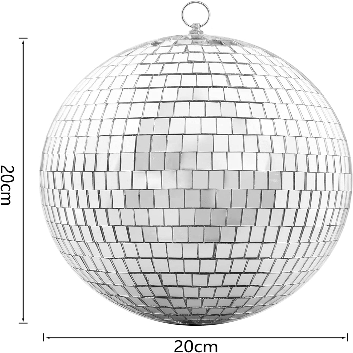 Eine große silberne Discokugel, 20 cm Durchmesser, reflektiert Licht.