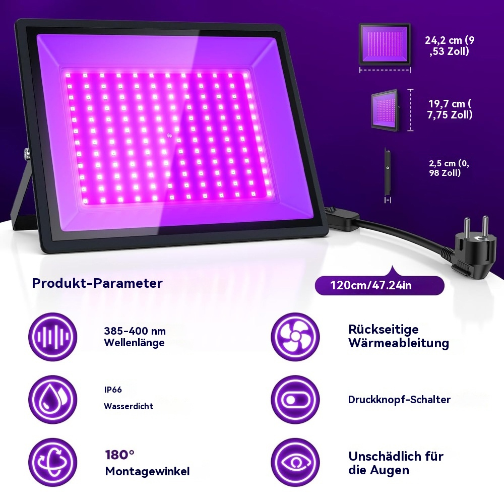 Eine schwarz-violette LED-Leuchte. Das Licht ist rechteckig mit vielen kleinen Lichtern. Zeigt technische Details.
