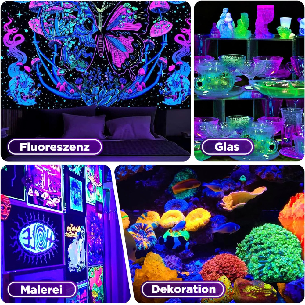 Vier Bilder mit fluoreszierender Kunst. Ein Schmetterling, Pilze und ein Bett mit Neonlichtern. Auch Gläser und Deko.