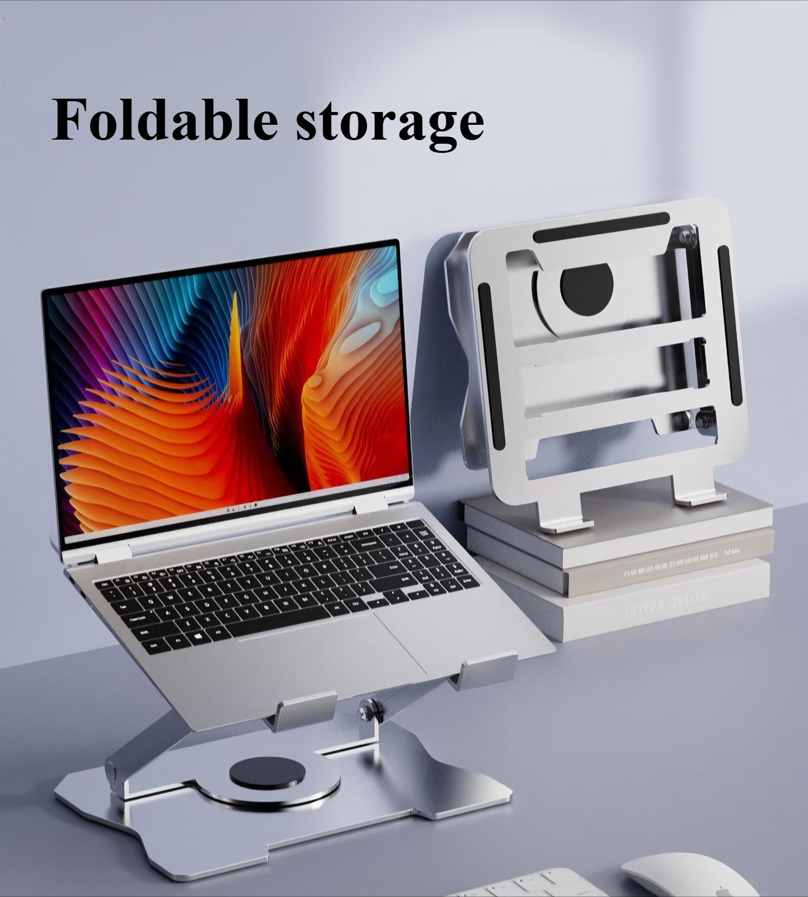 Ein Laptop auf einem silbernen Ständer auf einem Schreibtisch. Ein weiterer Ständer steht im Hintergrund, mit Büchern.