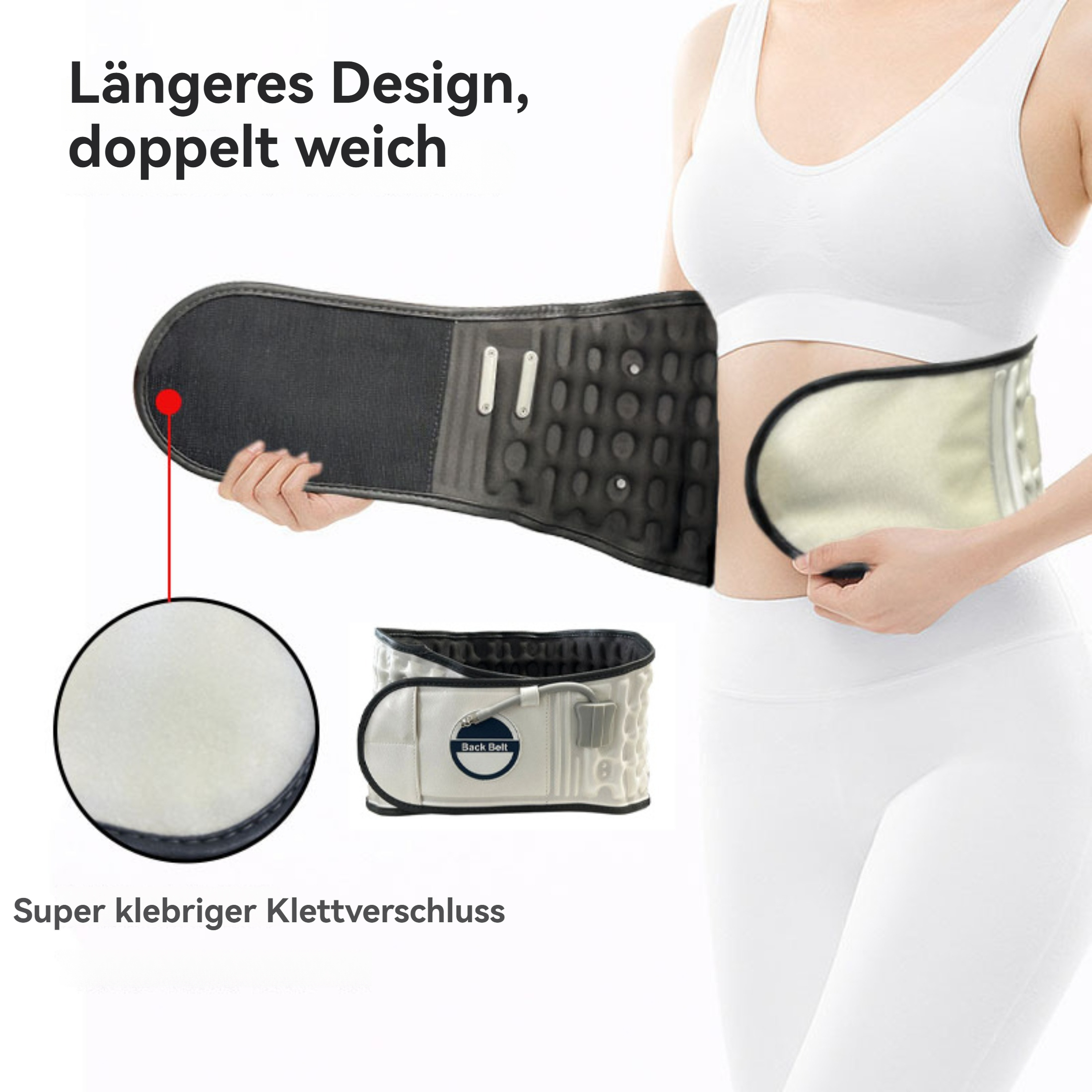 Eine Frau, die einen Rückenstützgürtel trägt. Details des Materials und Verschlusses des Gürtels werden gezeigt.