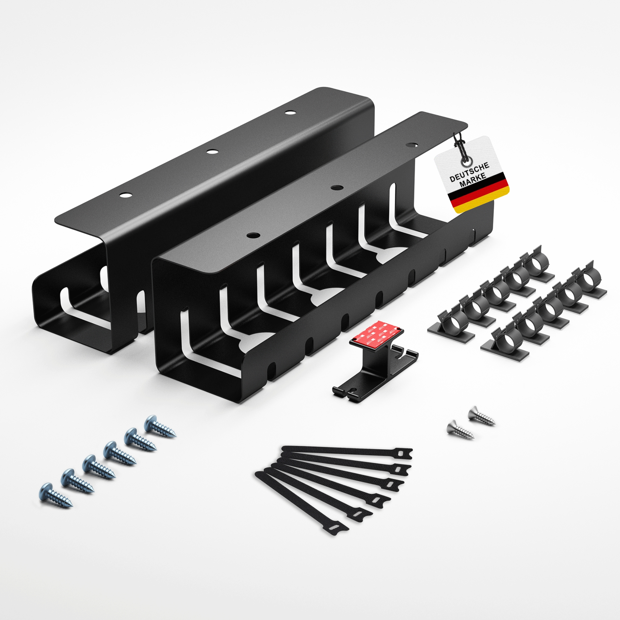 Eine Reihe schwarzer Kabelorganisatoren, Schrauben und Befestigungselemente. Alle Artikel liegen auf weißem Grund.