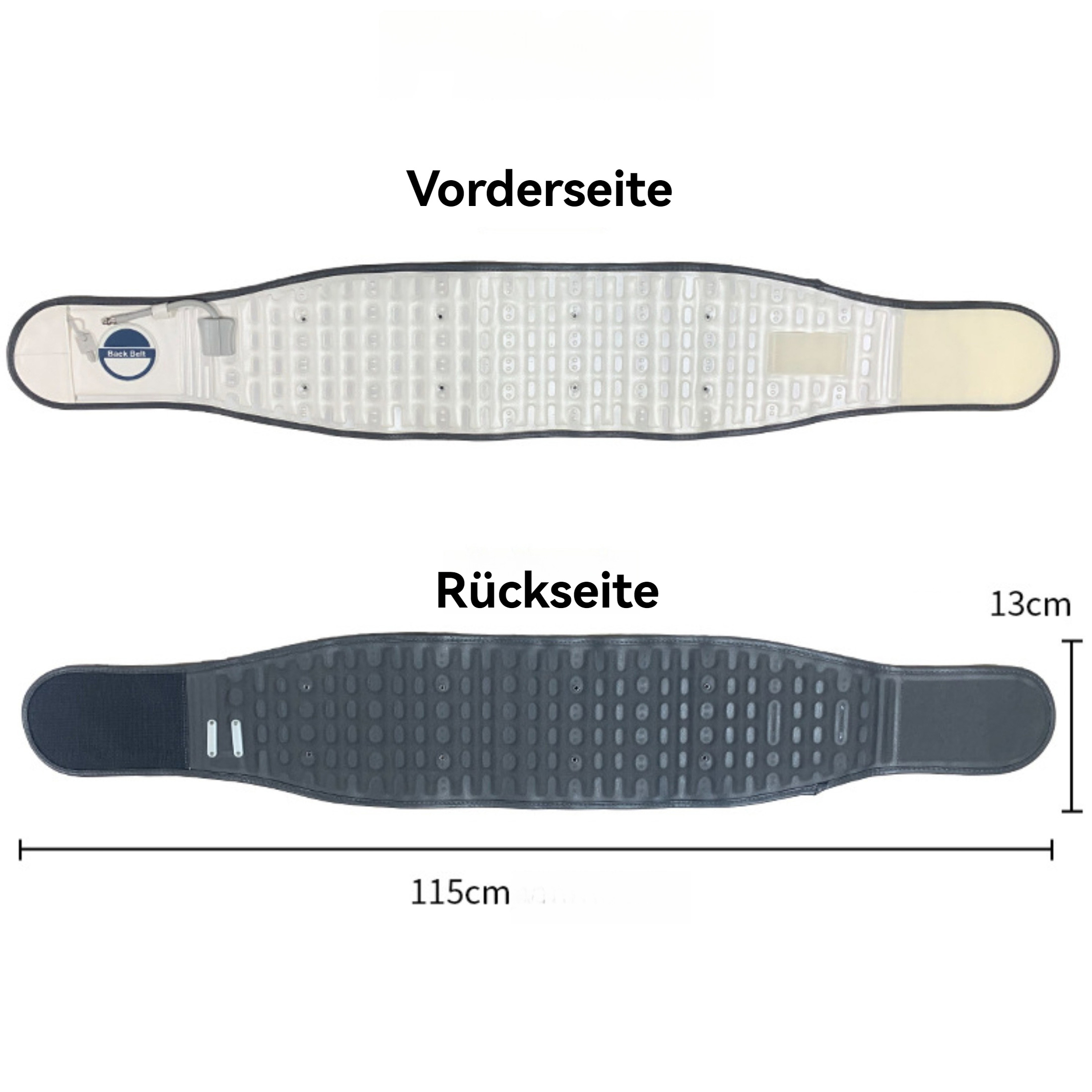Zwei Ansichten eines Rückenstützgürtels. Die Vorder- und Rückseite des Gürtels werden mit Maßen dargestellt.