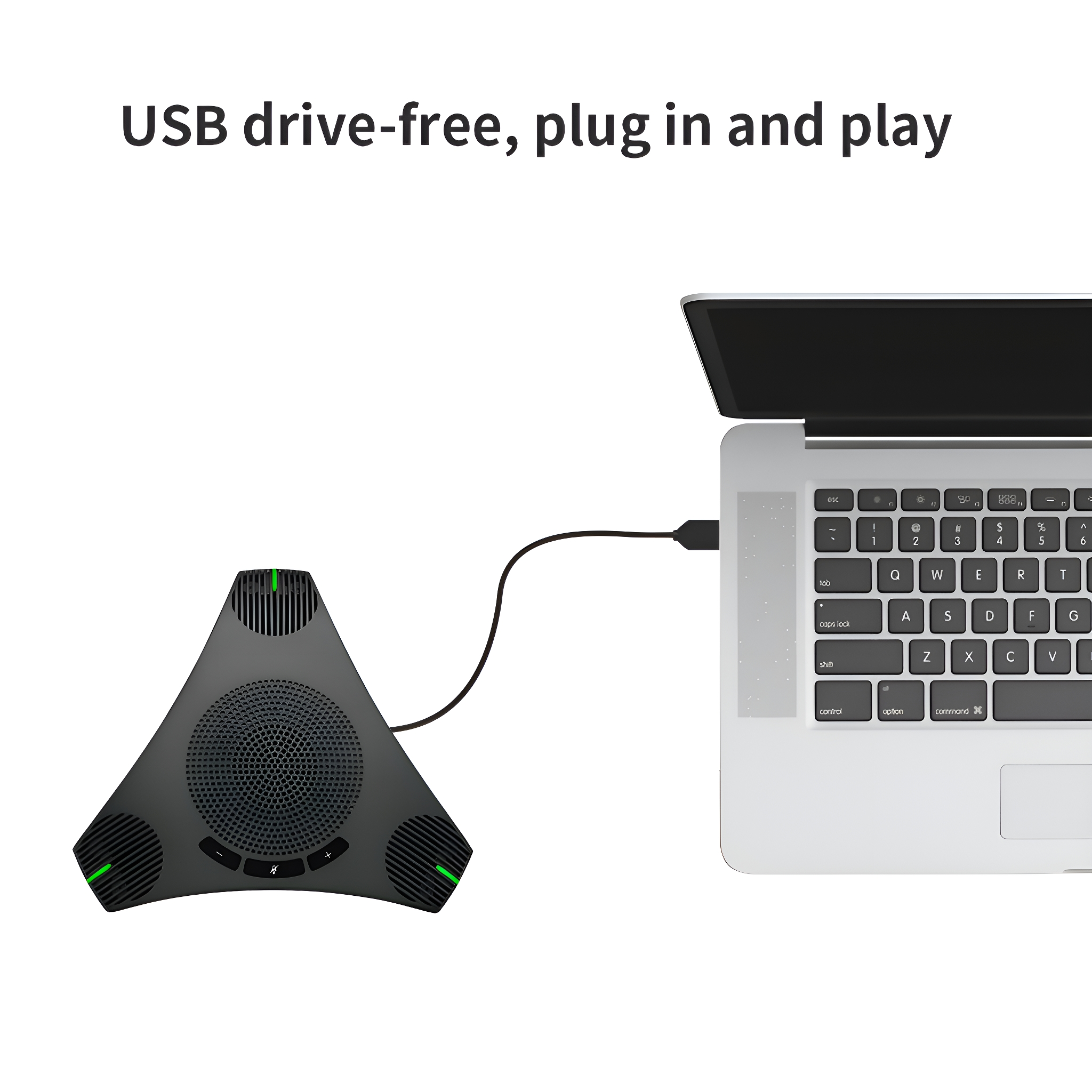 Ein schwarzer, dreieckiger Lautsprecher, der mit einem Laptop verbunden ist. Ein USB-Kabel verbindet beide Geräte.