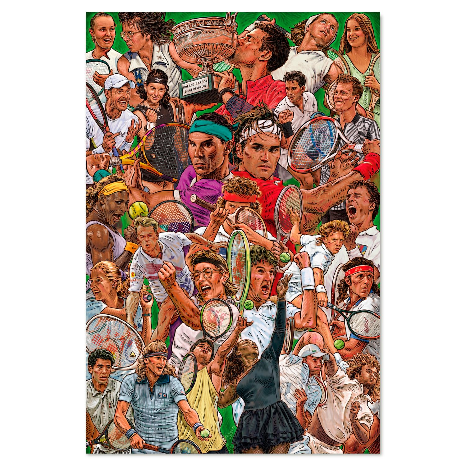 Eine Collage von Tennisstars. Mehrere Personen halten Trophäen und spielen Tennis.