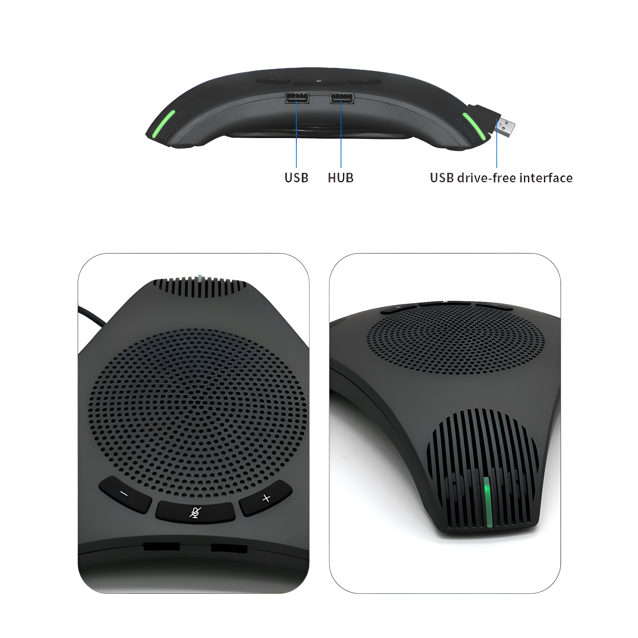 Drei Bilder zeigen Details eines schwarzen Lautsprechers mit grünen Akzenten. Nahaufnahmen zeigen USB-Anschlüsse und Bedienelemente.
