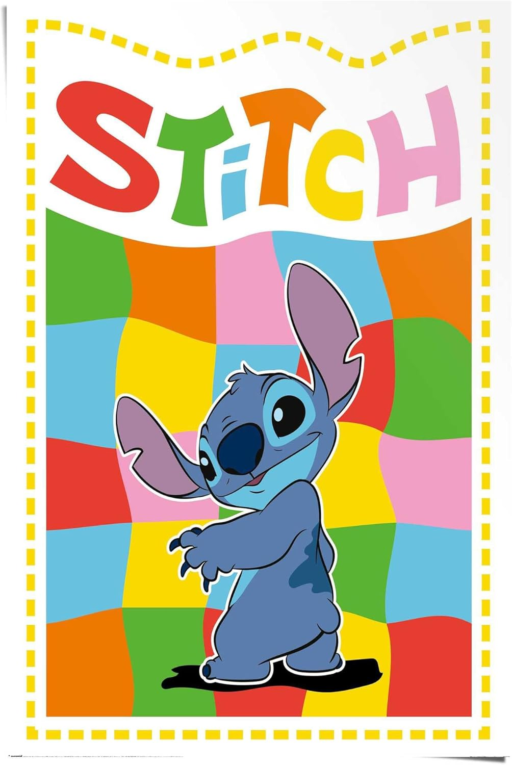 Stitch aus dem Lilo und Stitch Cartoon. Das Wort STITCH steht darüber.
