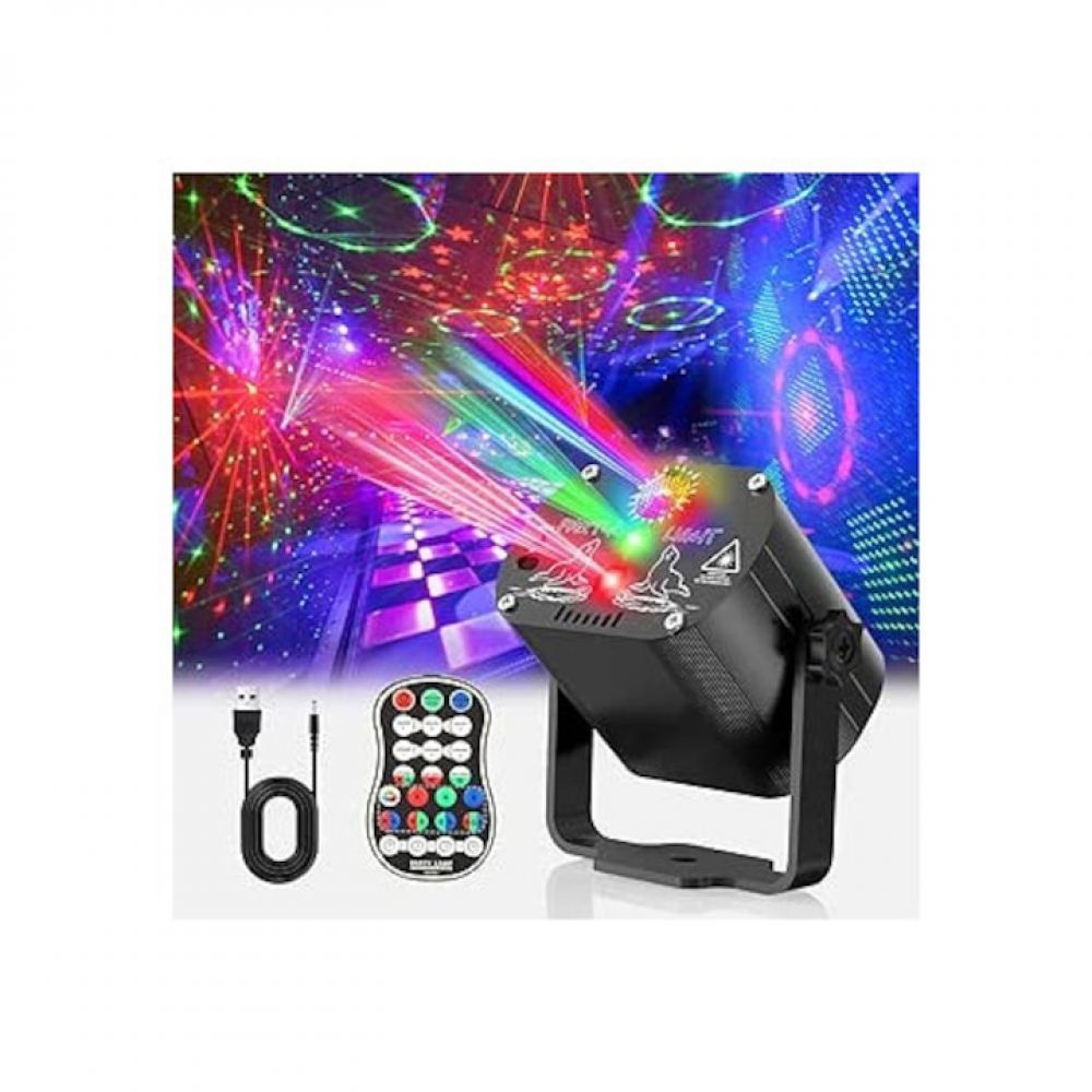 Ein schwarzer Laserlichtprojektor mit Fernbedienung und USB-Kabel. Das Licht projiziert farbige Strahlen.