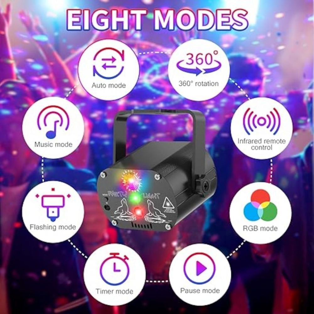 Ein Discolicht mit acht Modi. Die Modi sind Auto, 360° Drehung, Musik, Infrarot-Fernbedienung, Blinken, RGB, Timer und Pause.