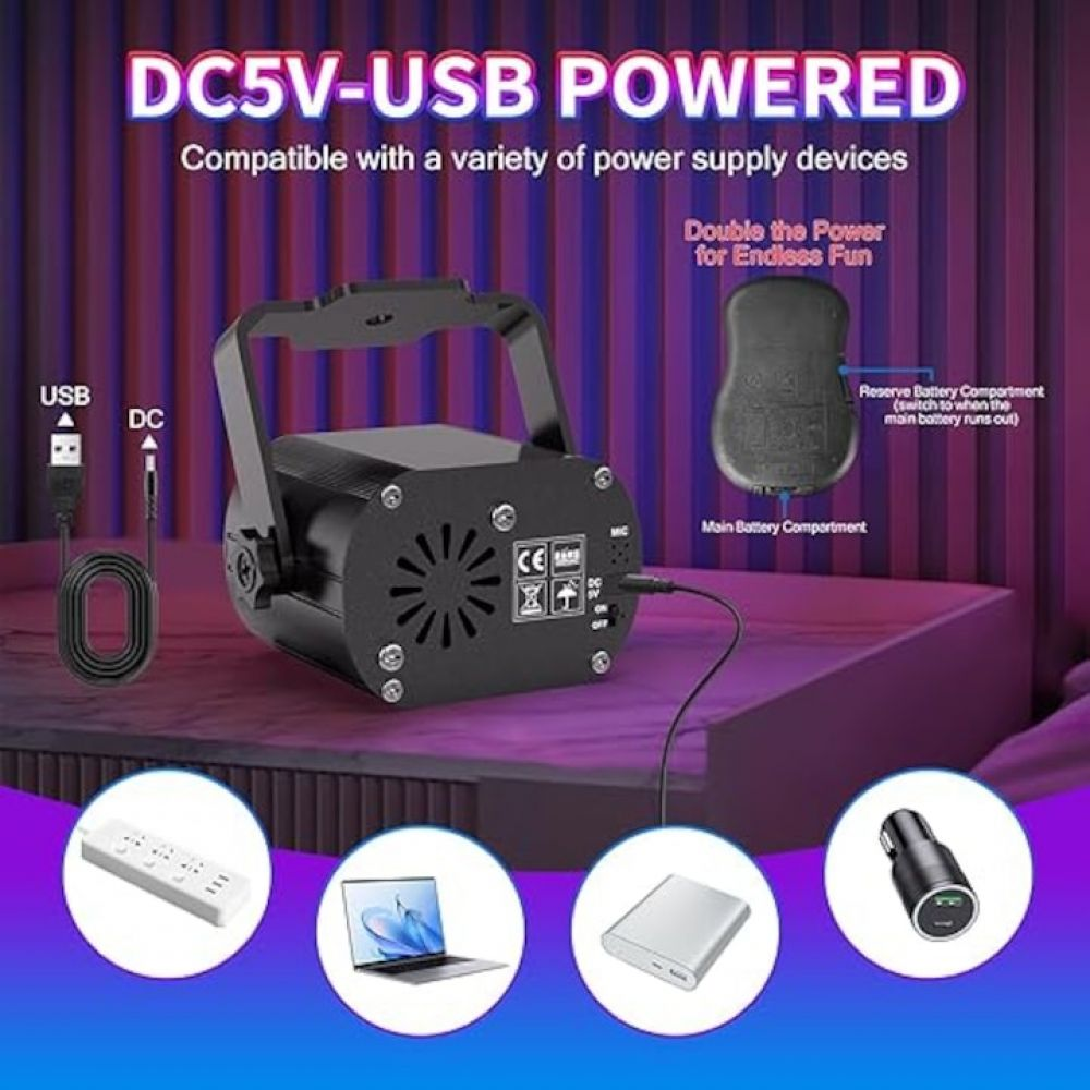 Ein schwarzes Discolicht mit Griff, USB- und DC-Eingängen und einem Batteriefach. Es wird mit Beispielen für die Stromversorgung gezeigt.
