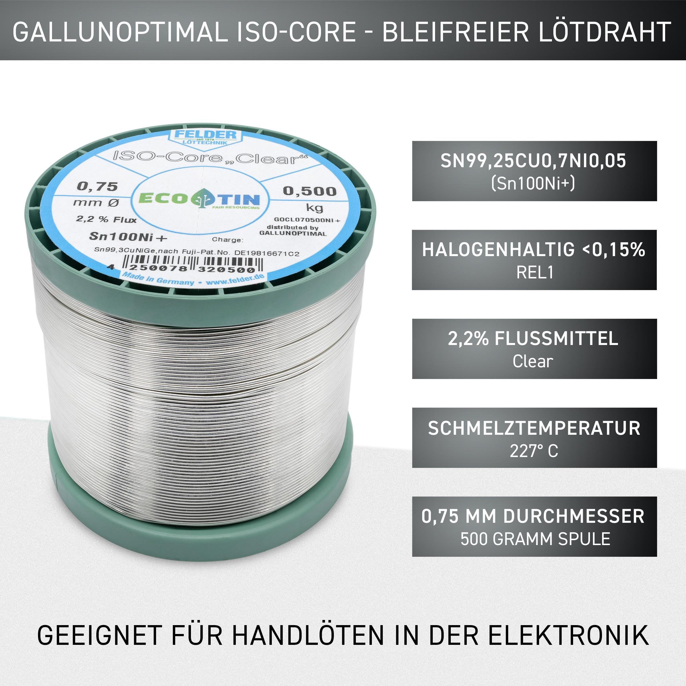 Eine Spule Lötdraht mit blauem Etikett und Text. Der Draht ist silber.