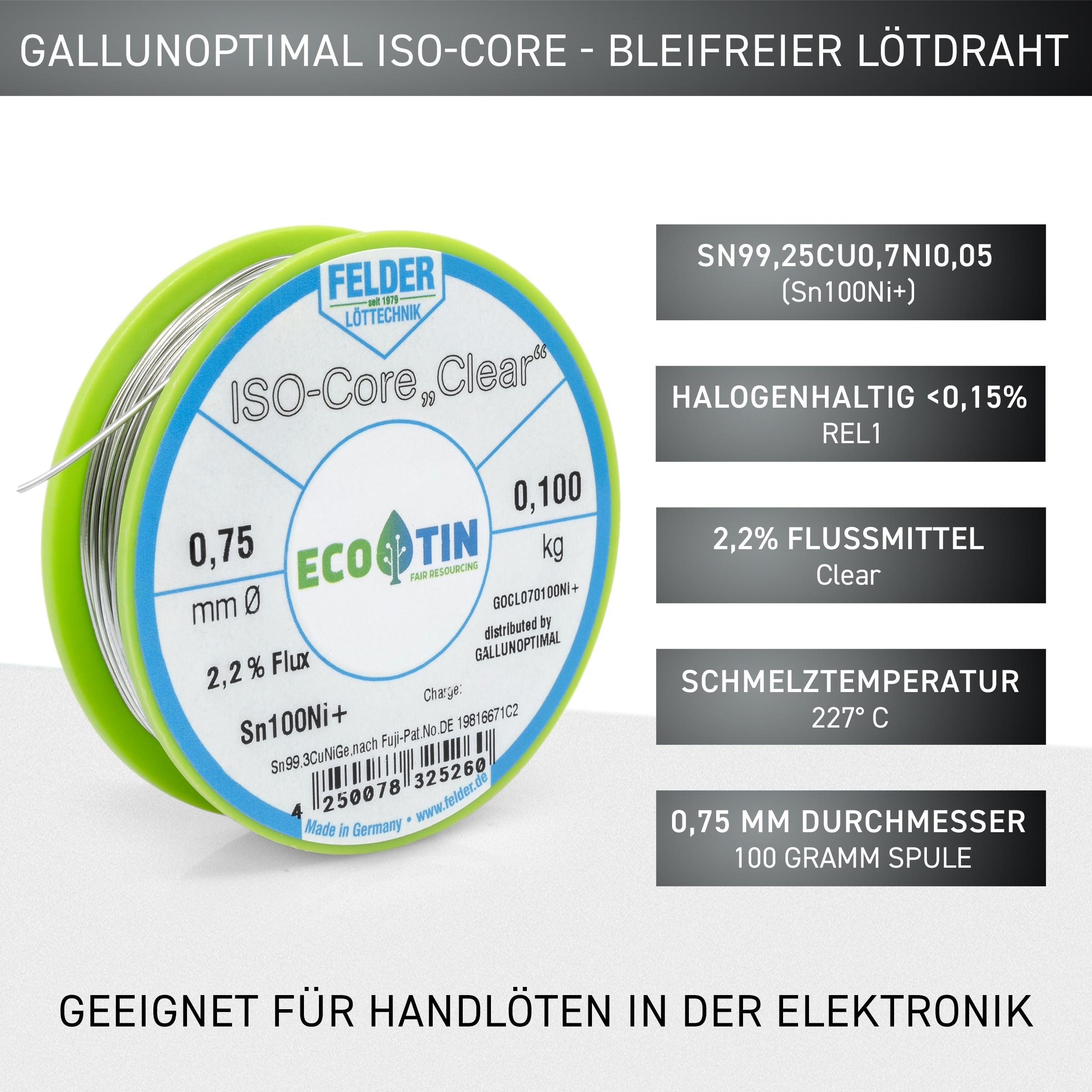 Eine Spule Lötdraht mit grünem Rand, blauem Etikett und Text. Der Draht ist silber.