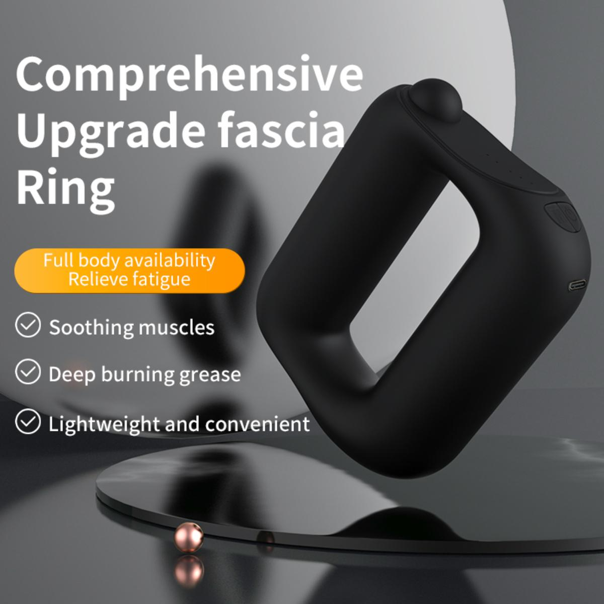 Ein schwarzer Faszienring mit geschwungenem Design. Text: Ganzkörperverfügbarkeit, Ermüdung lindern.