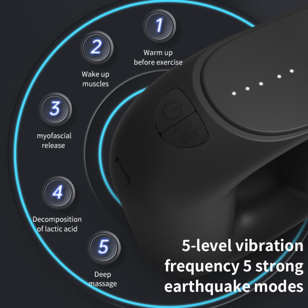 Nahaufnahme eines schwarzen Massagegeräts mit Knöpfen und Display, das 5 Vibrationsstufen und Modi anzeigt.