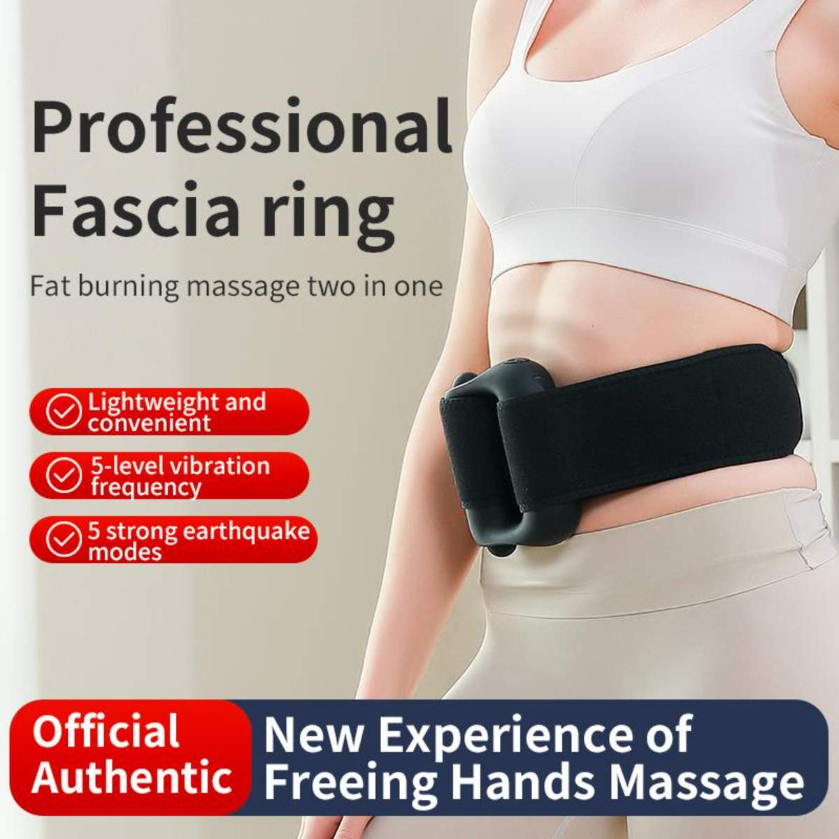 Eine Frau trägt ein weißes Oberteil und Leggings und benutzt ein schwarzes Faszienring-Massagegerät. Text links.