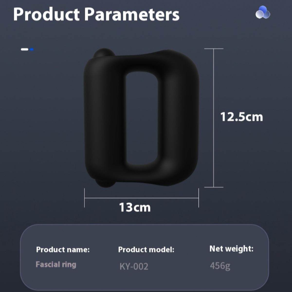 Ein schwarzes Faszienringprodukt mit Abmessungen und Produktinformationen, auf dunklem Hintergrund.