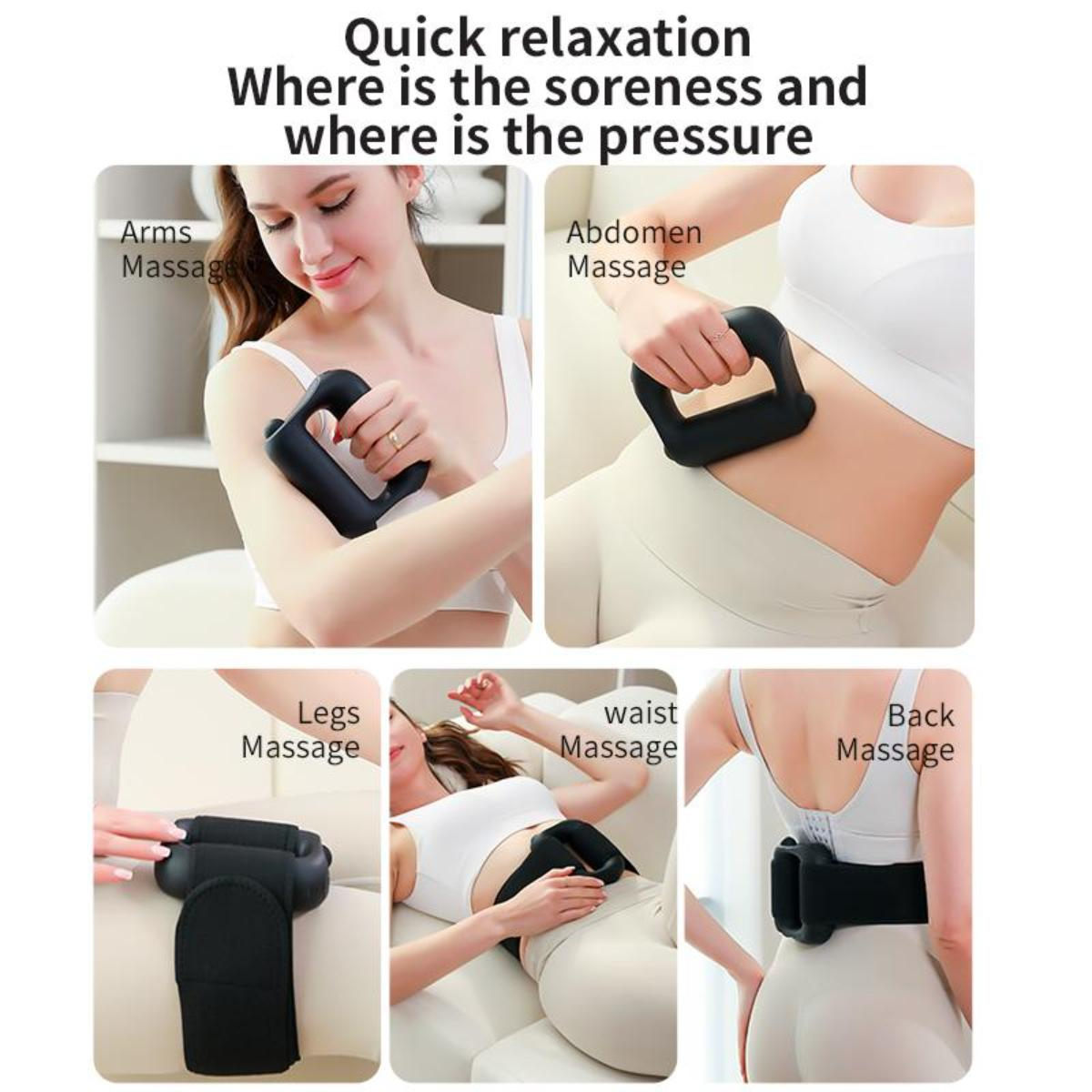 Fünf Bilder von Frauen, die Faszienring-Massagegeräte an verschiedenen Körperteilen verwenden.