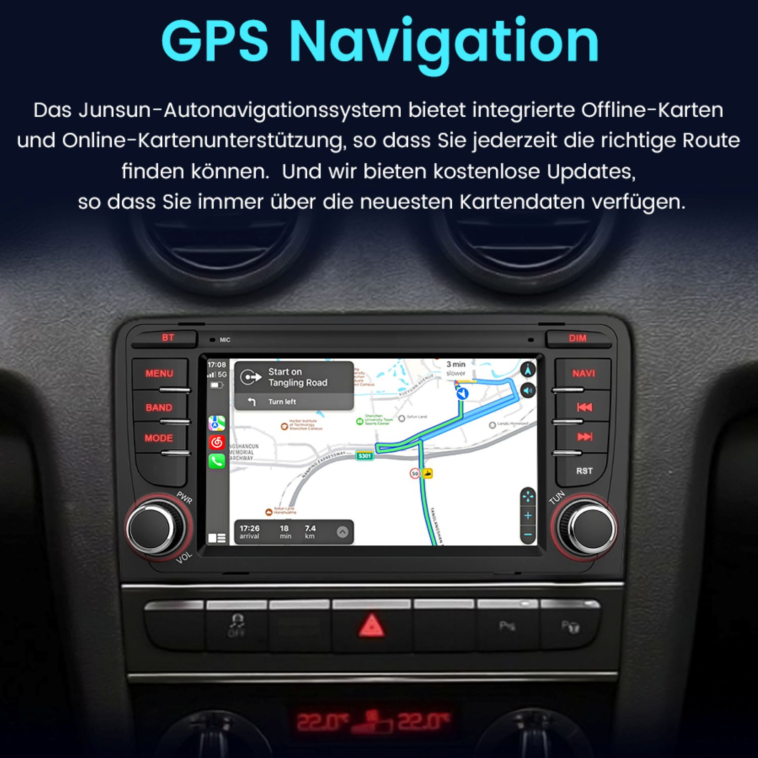 Autoradiosystem mit GPS-Kartenanzeige. Der Bildschirm zeigt eine Karte.