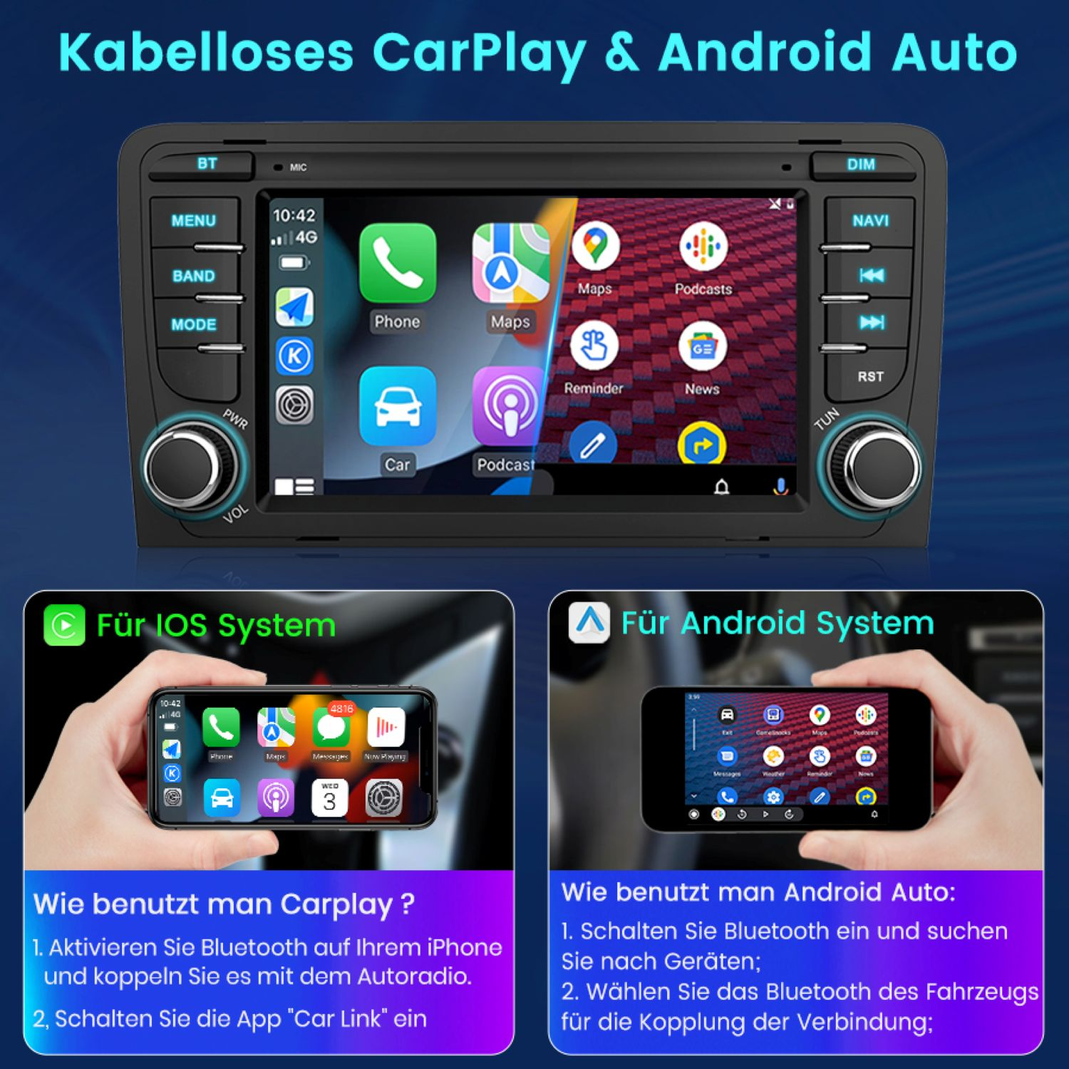 Ein Autoradio-Bildschirm mit Apps, Anweisungen für CarPlay und Android Auto, mit schwarzem Rahmen.