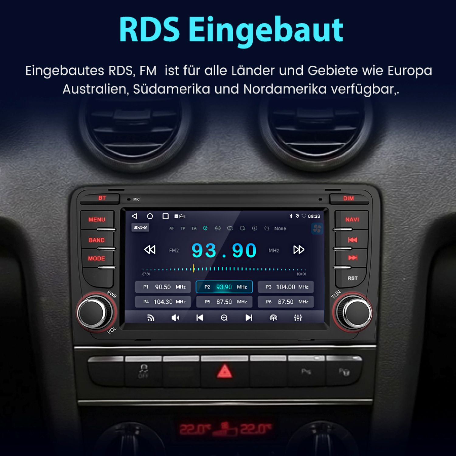 Autoradio mit Radio-Oberfläche, Frequenzanzeige und verschiedenen Knöpfen.