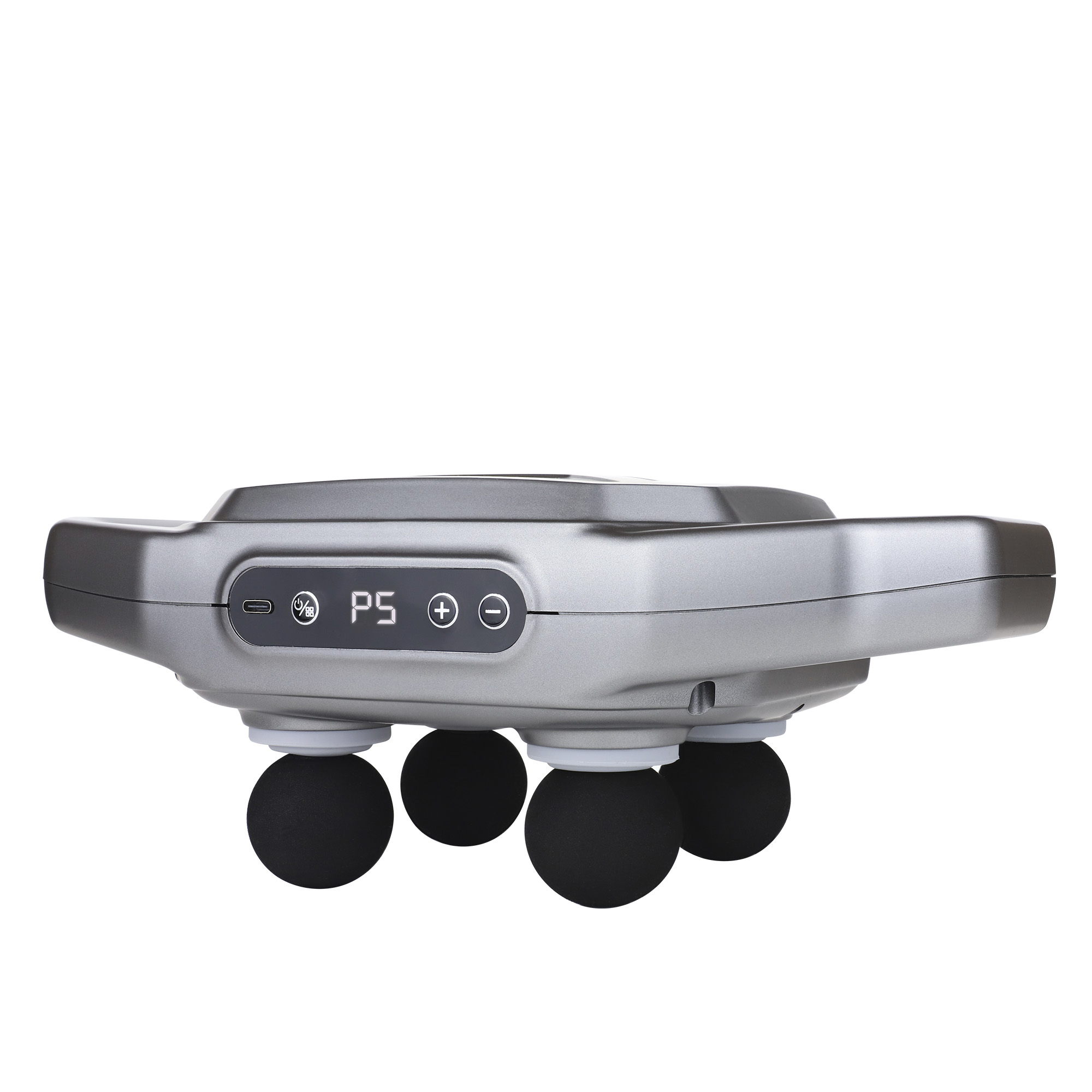 Srebrne urządzenie do masażu z czterema czarnymi kulkami do masażu, z wyświetlaczem cyfrowym i przyciskami sterowania.