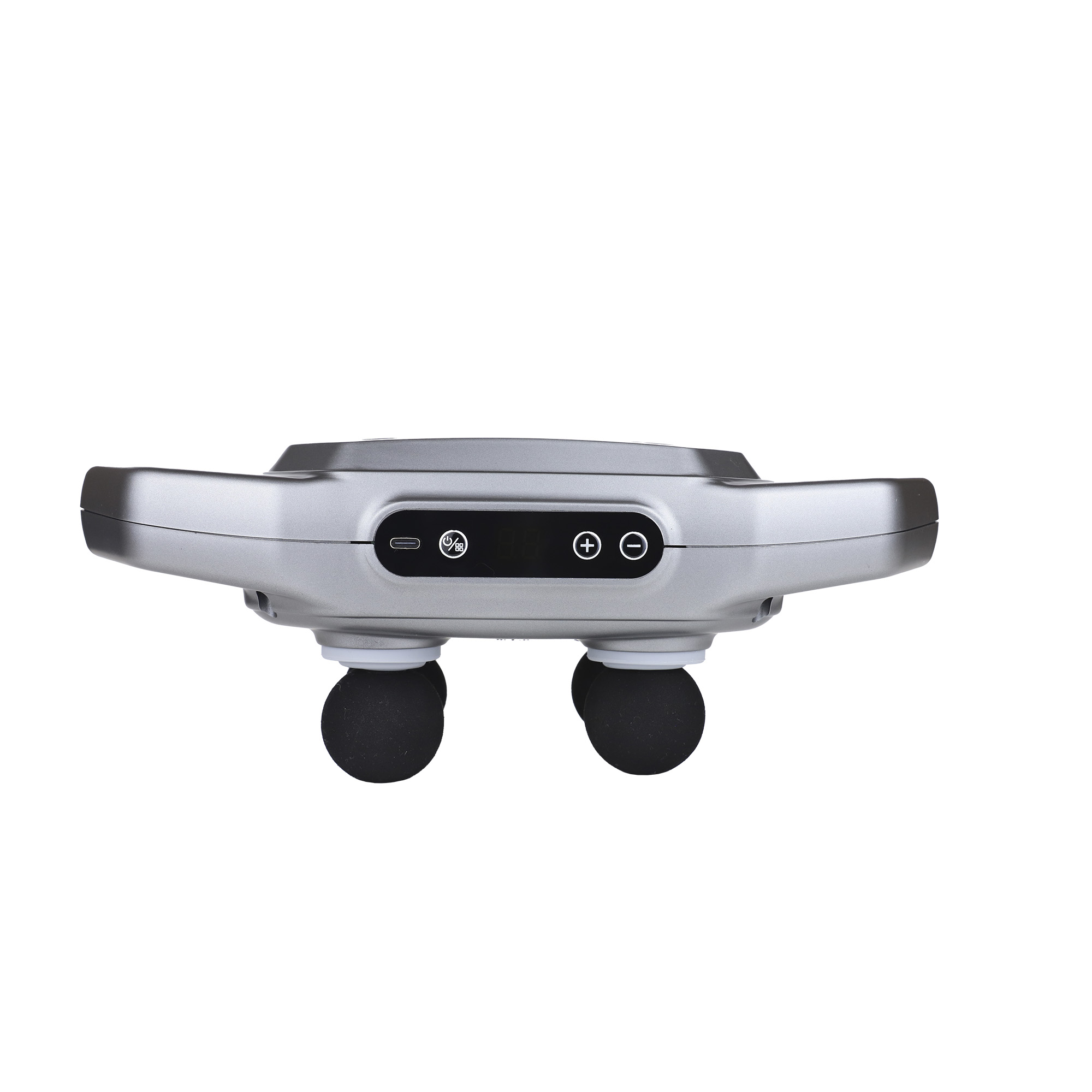 Srebrny pistolet do masażu z dwoma czarnymi głowicami, widok z góry.