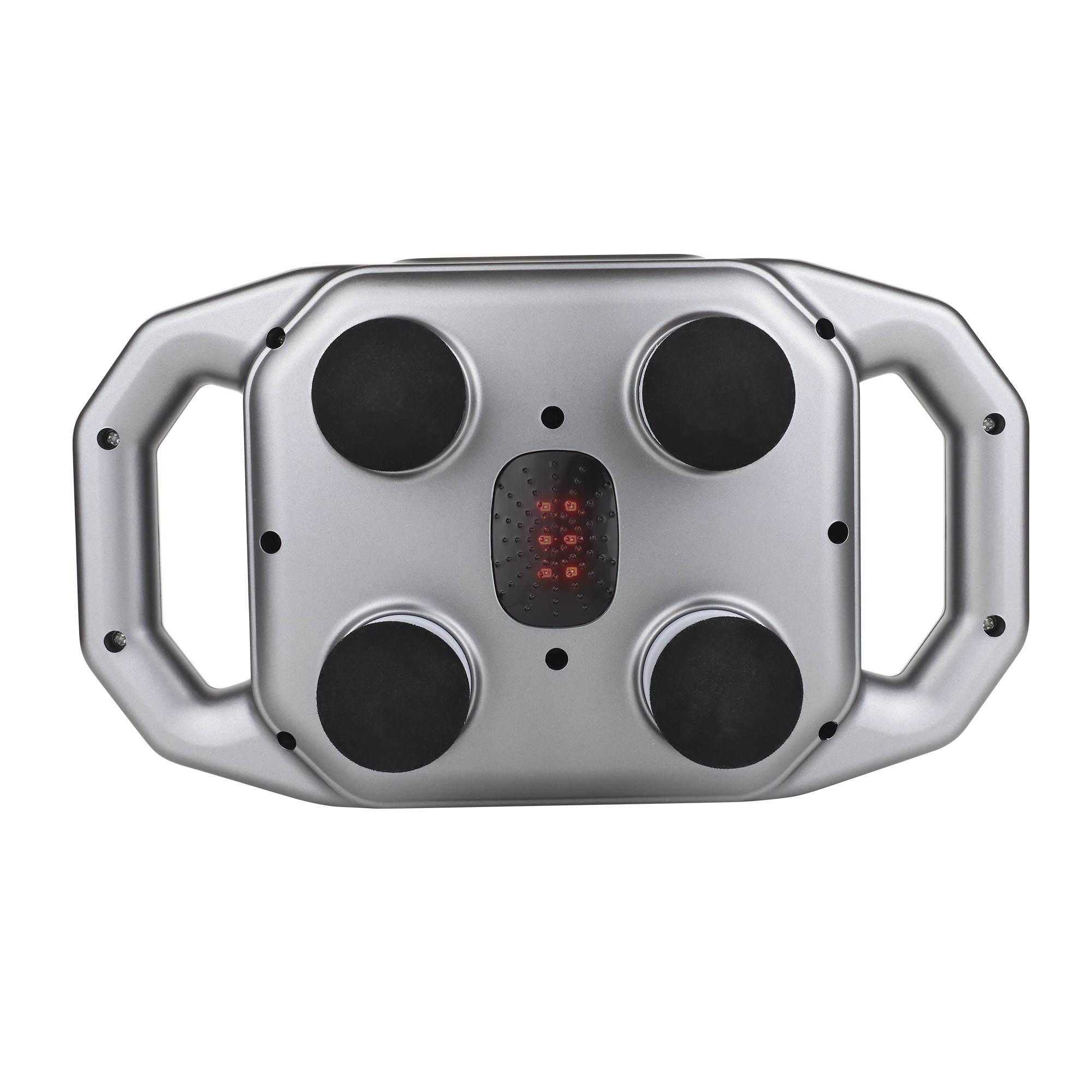Srebrne urządzenie do masażu z czterema czarnymi głowicami i czerwonym światłem pośrodku.
