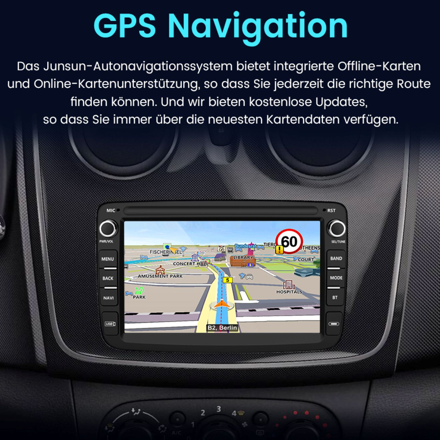 Autoradio-Bildschirm mit GPS-Navigationskarte mit Routeninformationen. Der Bildschirm befindet sich im Armaturenbrett.