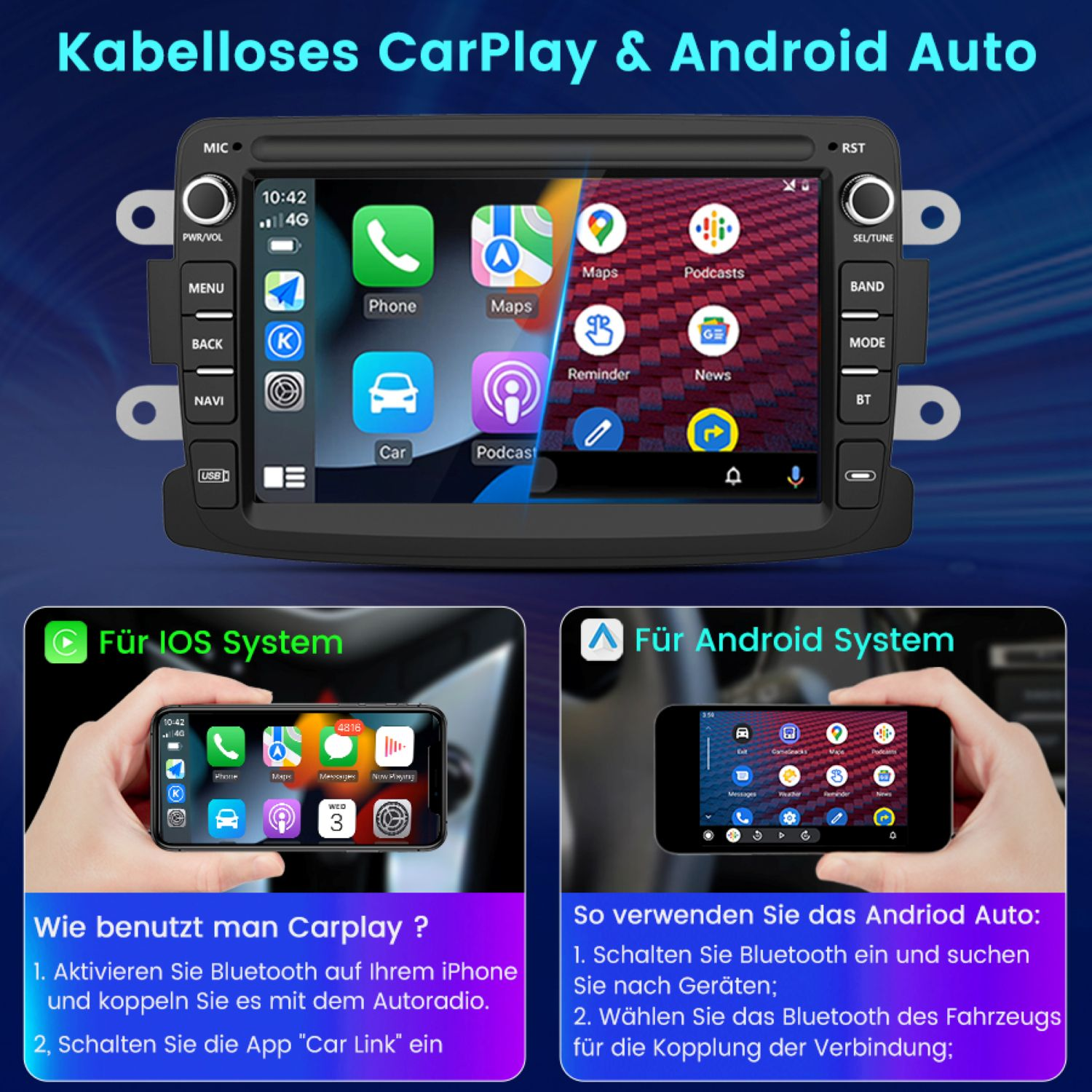 Autoradio-Bildschirm mit drahtlosen CarPlay- und Android Auto-Oberflächen, zeigt Telefon- und App-Symbole.