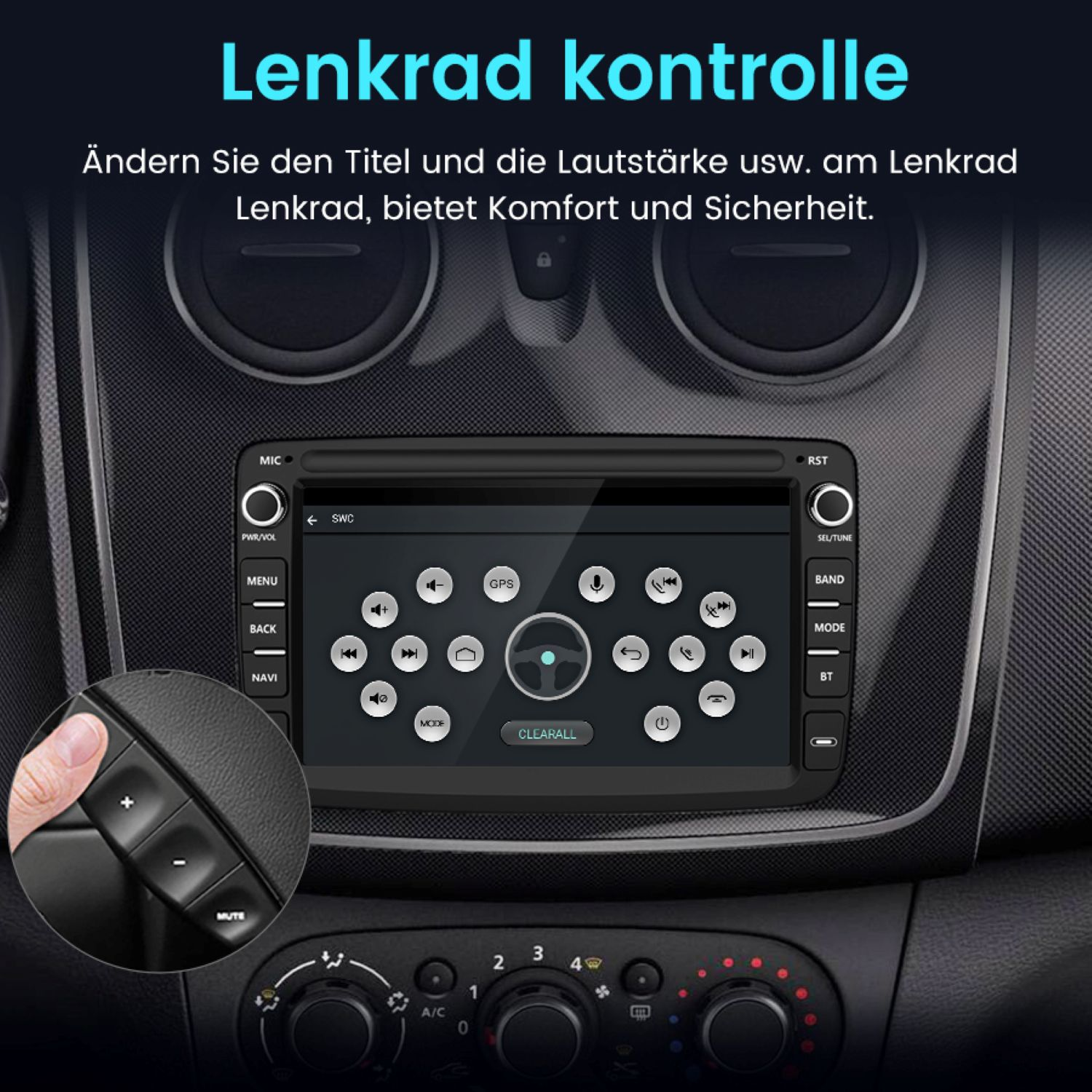 Auto-Armaturenbrett mit Radiobildschirm mit Lenkradbedienelementen.