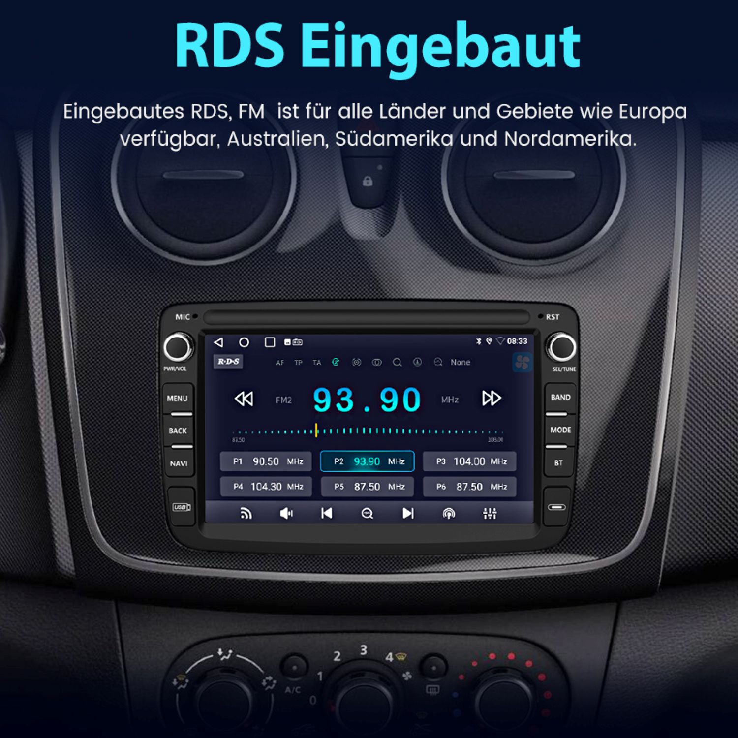 Bildschirm des Auto-Multimedia-Systems, das die Radioschnittstelle mit einer Frequenz von 93,90 MHz anzeigt.